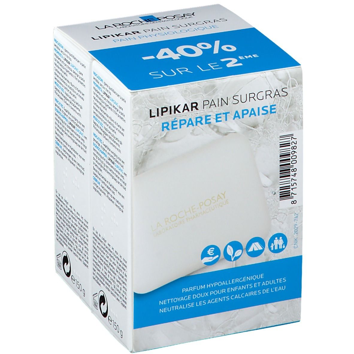 Confezione di LA ROCHE POSAY LIPIKAR SURGRAS. Scatola bianca con parte superiore blu. Nome e dettagli del prodotto stampati. Contiene una saponetta.