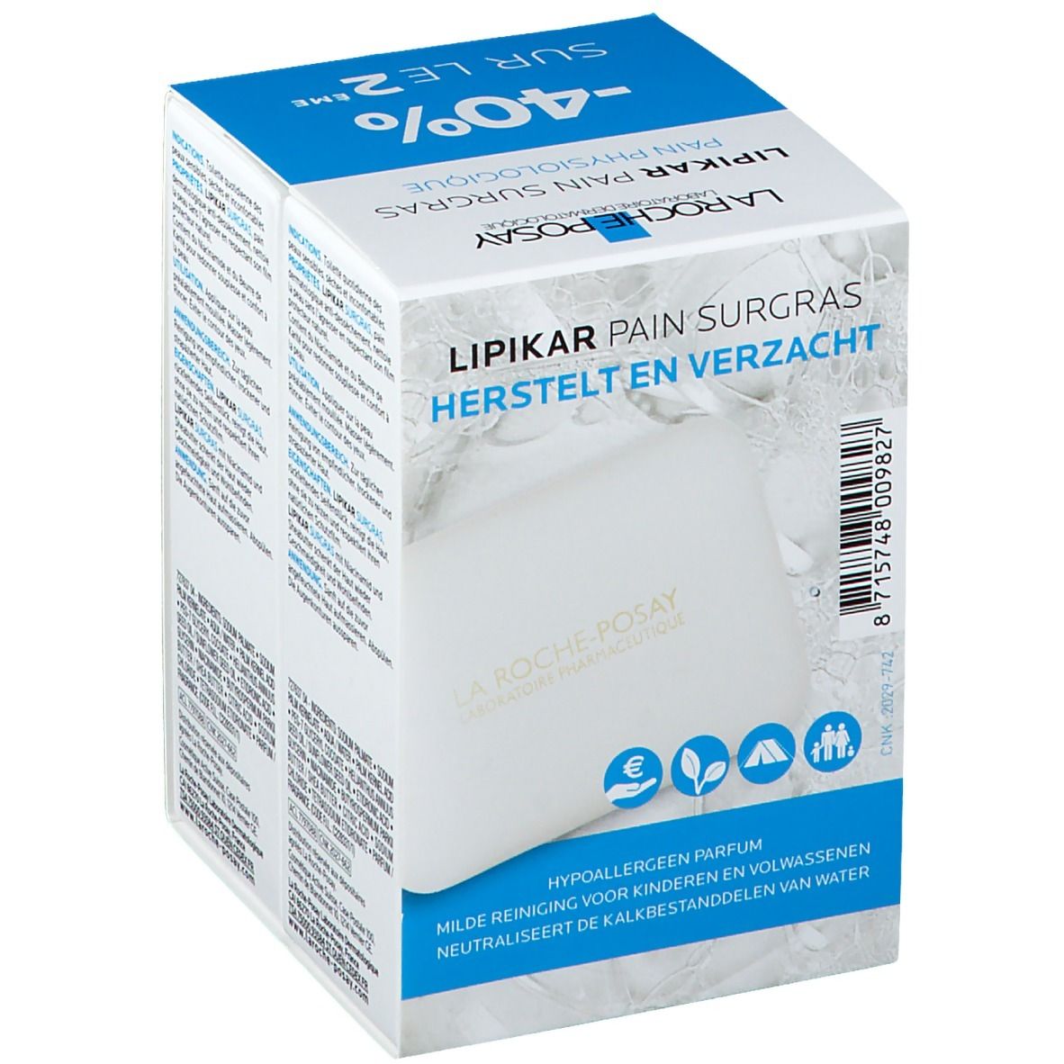 Confezione di LA ROCHE POSAY LIPIKAR SURGRAS. Scatola bianca con parte superiore blu. Nome e dettagli del prodotto stampati. Contiene una saponetta.
