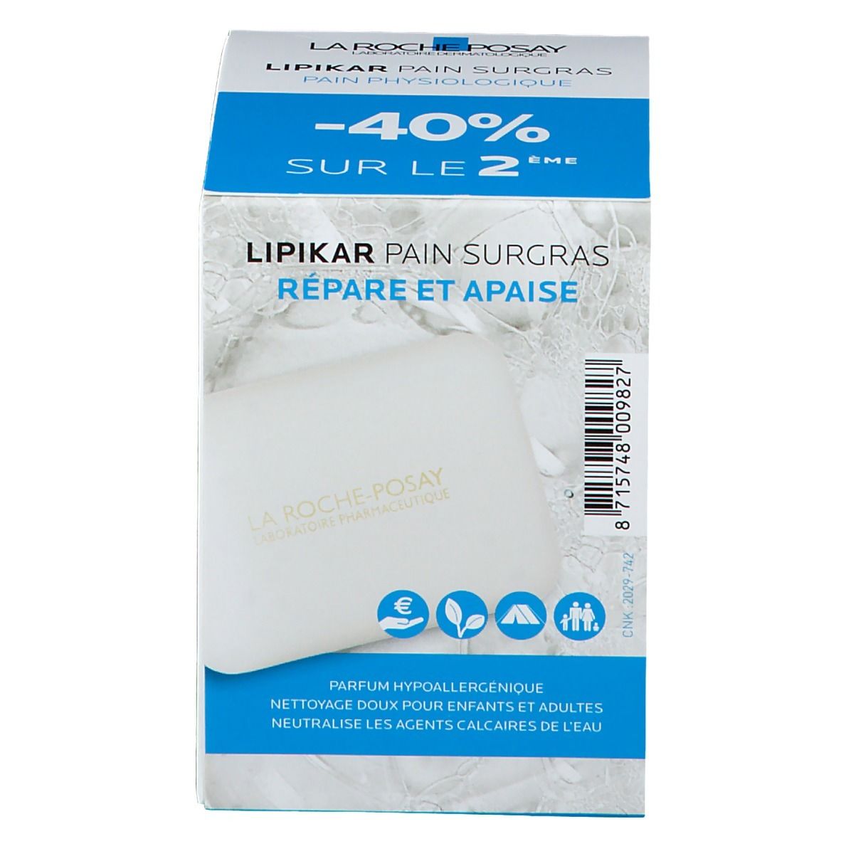 Confezione di LA ROCHE POSAY LIPIKAR SURGRAS. Scatola bianca con parte superiore blu. Nome e dettagli del prodotto stampati. Contiene una saponetta.