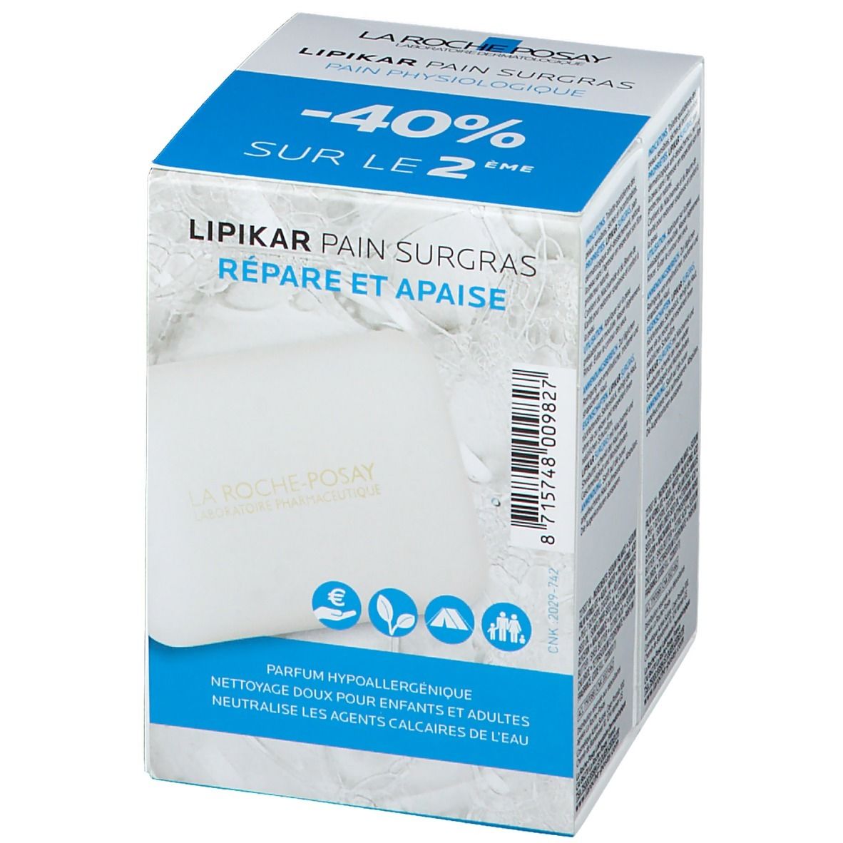 Confezione di LA ROCHE POSAY LIPIKAR SURGRAS. Scatola bianca con parte superiore blu. Nome e dettagli del prodotto stampati. Contiene una saponetta.