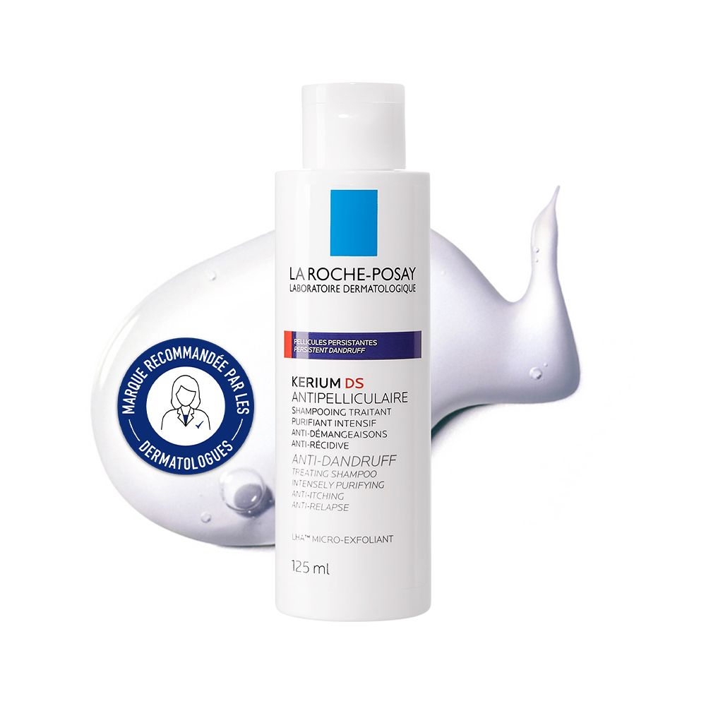 Dos du flacon La Roche-Posay Kerium DS Anti-pelliculaire. Texte et logos.