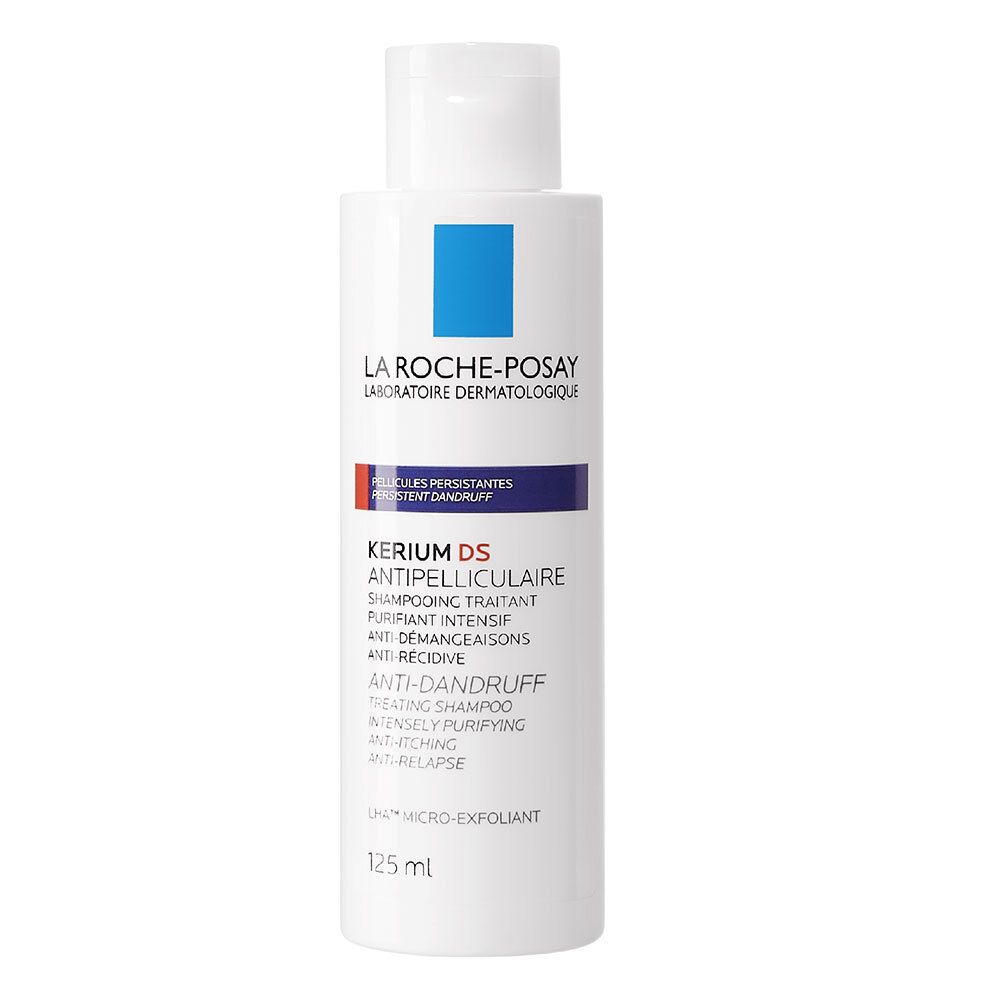 Flacon blanc La Roche-Posay Kerium DS Anti-pelliculaire. Accents bleus et rouges. 125 ml.