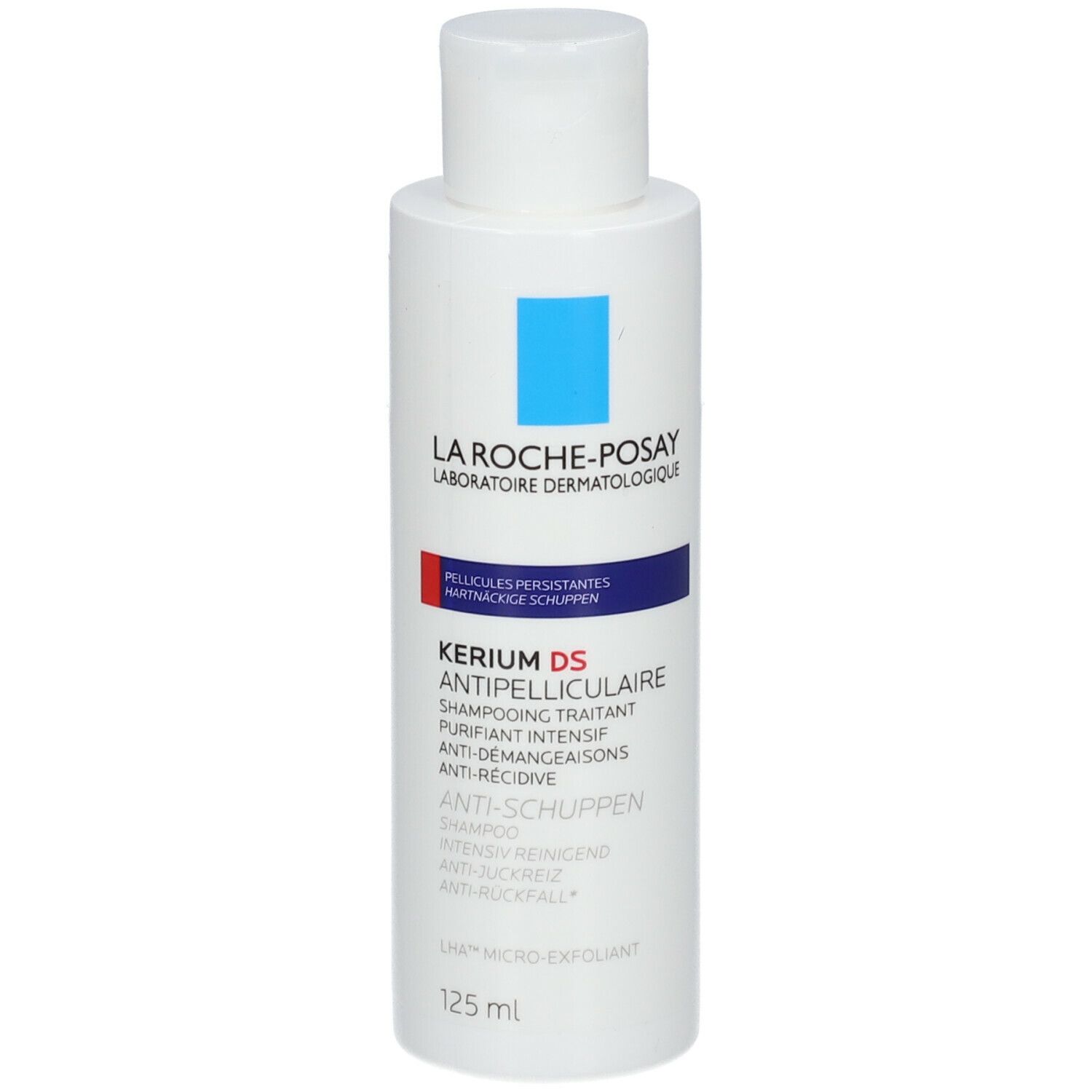 Flacon La Roche-Posay Kerium DS Anti-pelliculaire. Blanc, bleu et rouge. 125 ml.