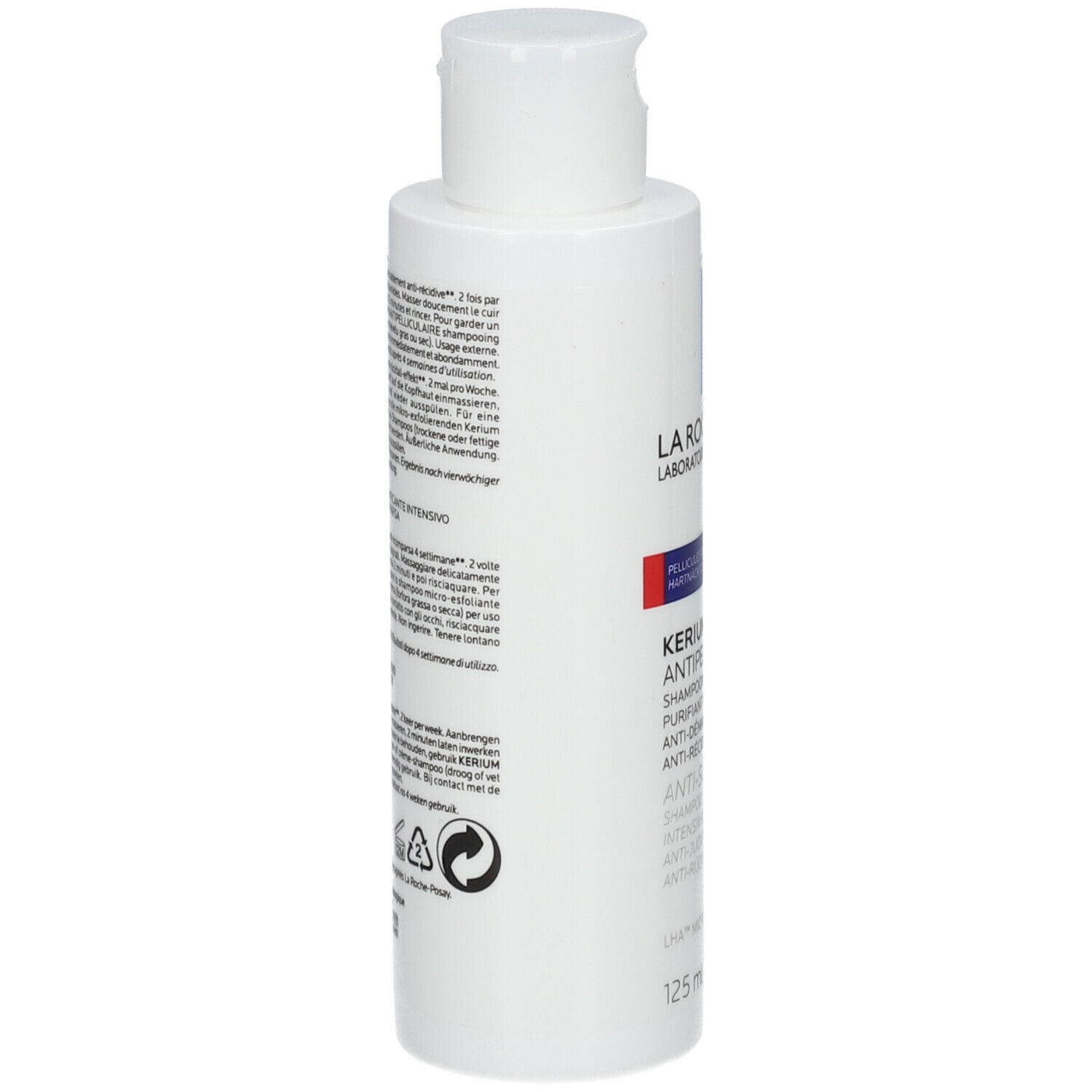 Dos du flacon La Roche-Posay Kerium DS Anti-pelliculaire. Texte multilingue.