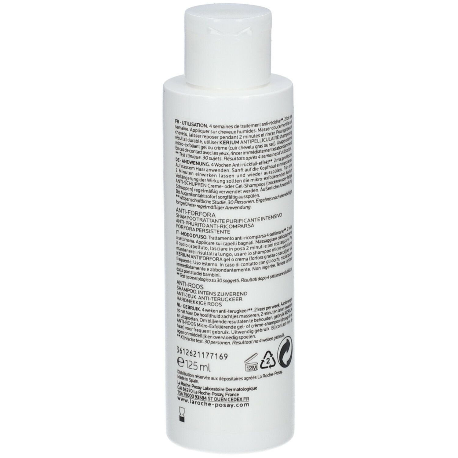 Dos du flacon La Roche-Posay Kerium DS Anti-pelliculaire. Texte et logos.