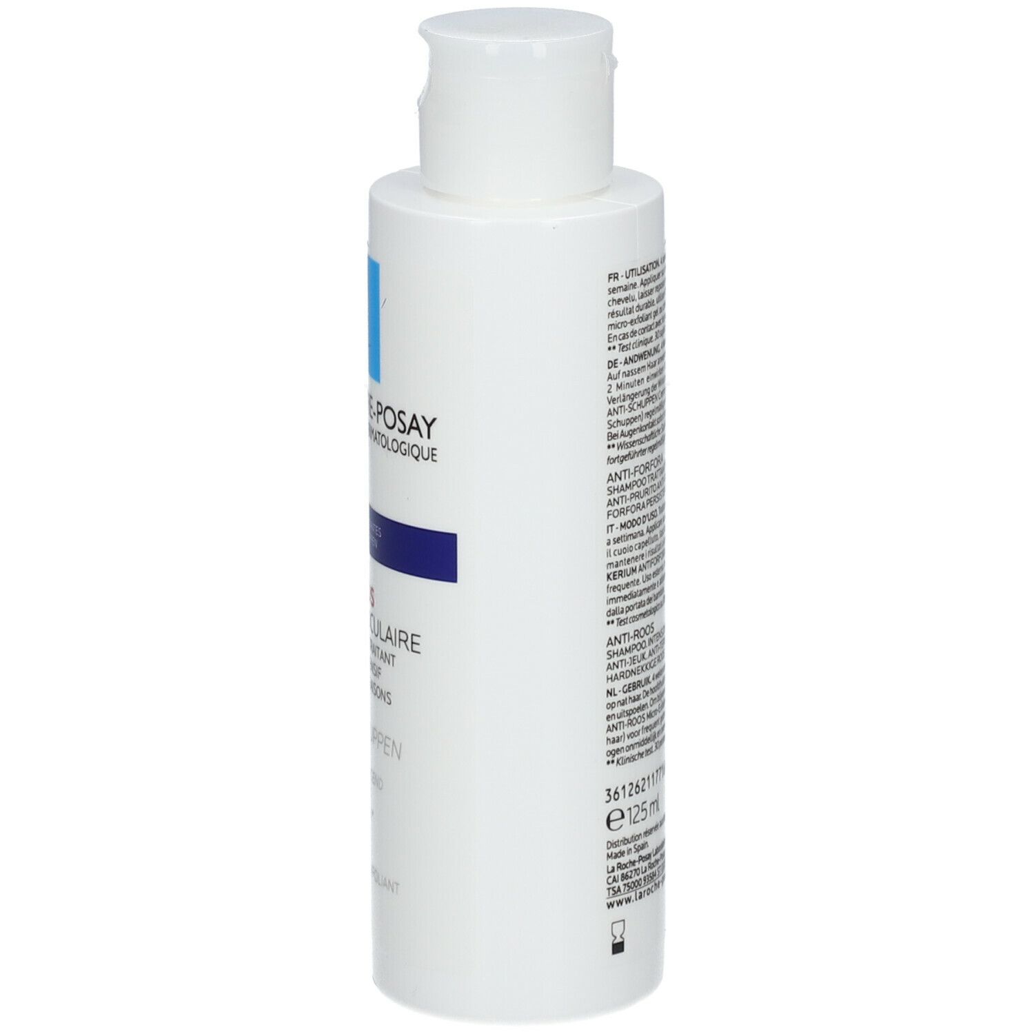 Flacon La Roche-Posay Kerium DS Anti-pelliculaire. Blanc, bleu et rouge. 125 ml.