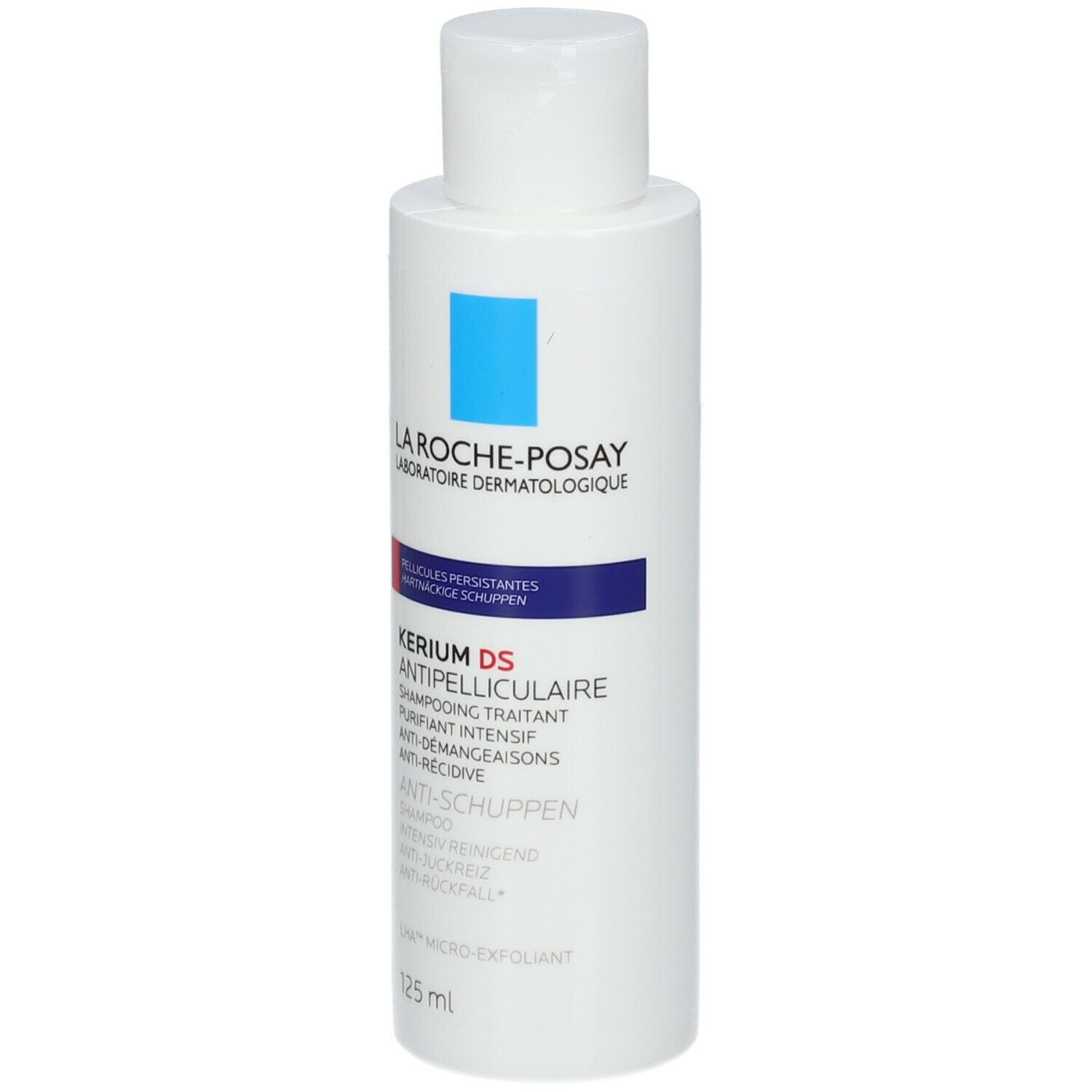 Flacon La Roche-Posay Kerium DS Anti-pelliculaire. Blanc, bleu et rouge. 125 ml.