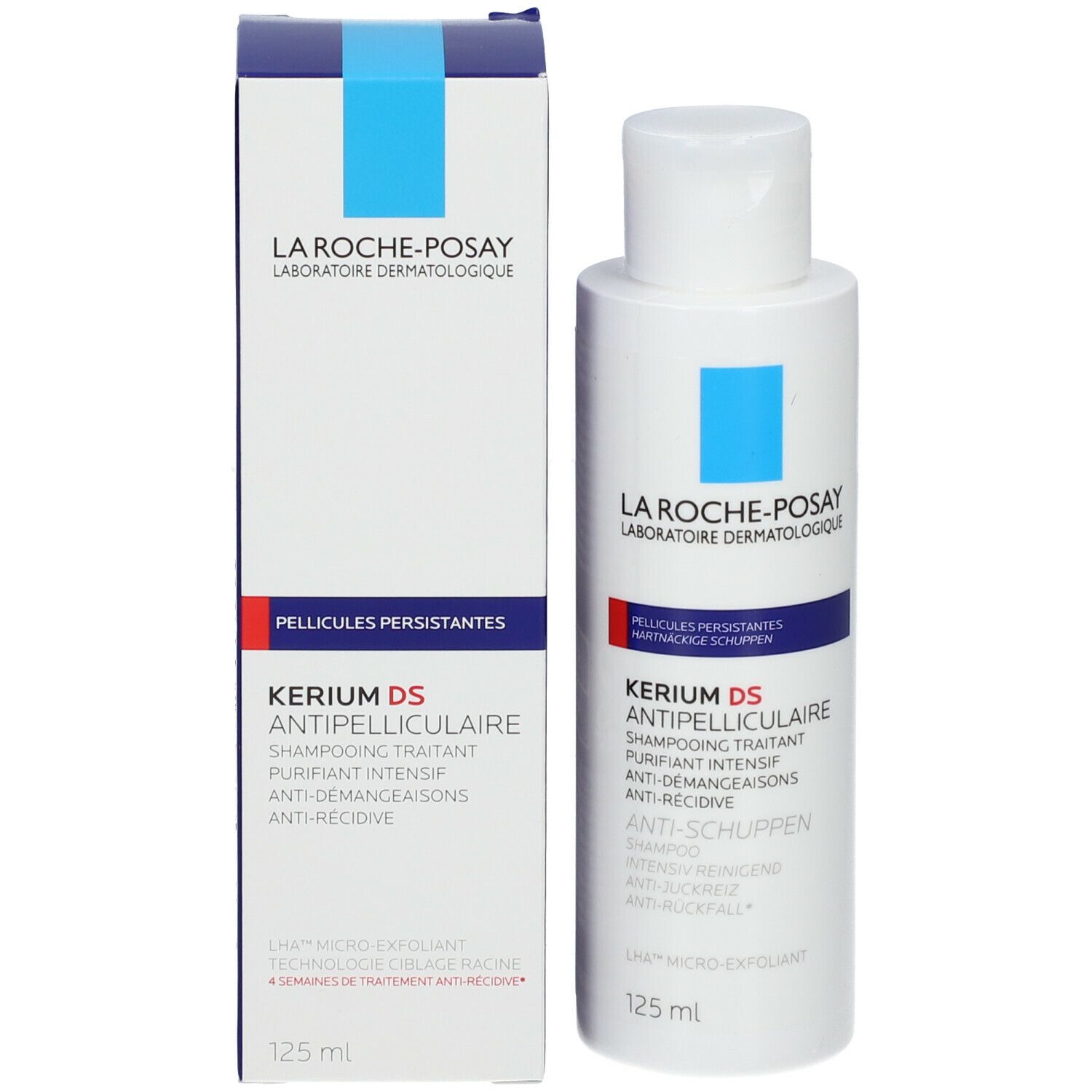 Emballage La Roche-Posay Kerium DS Anti-pelliculaire. Texte et logo.