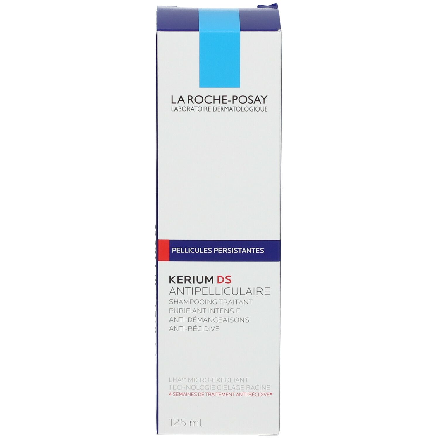 Flacon La Roche-Posay Kerium DS Anti-pelliculaire avec éclaboussure de crème et logo.