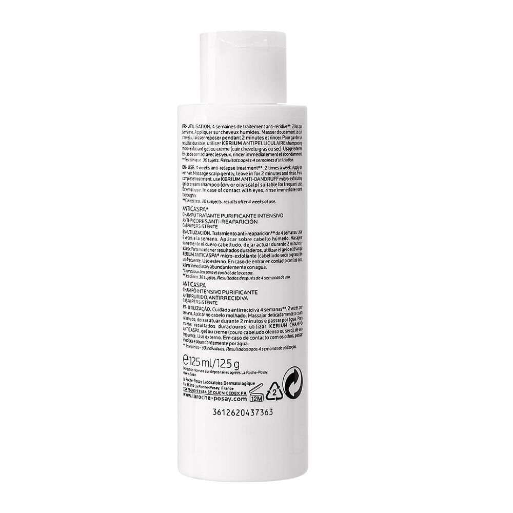 Dos du flacon La Roche-Posay Kerium DS Anti-pelliculaire. Texte multilingue.