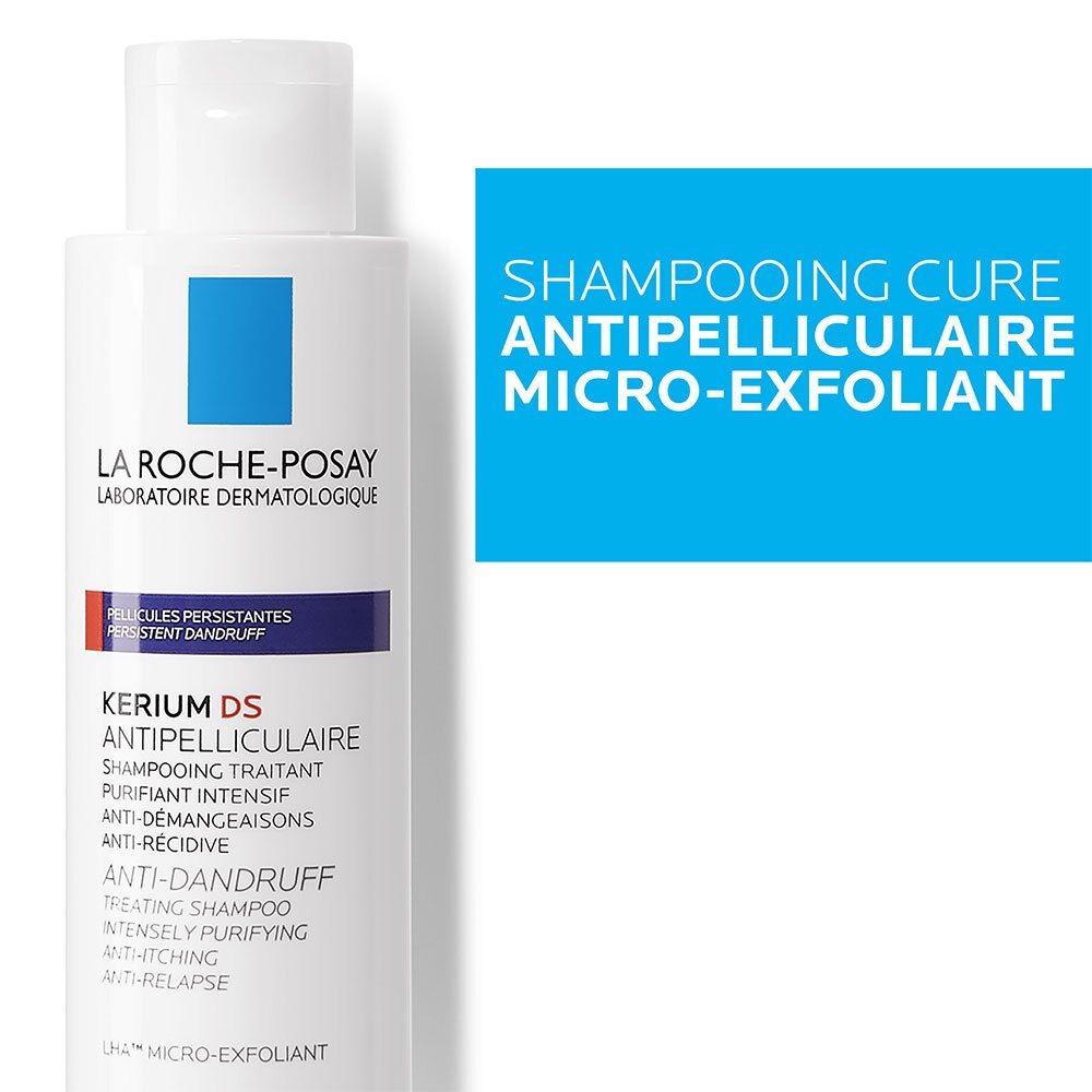 Flacon La Roche-Posay Kerium DS Anti-pelliculaire. Boîte de texte bleue avec informations.