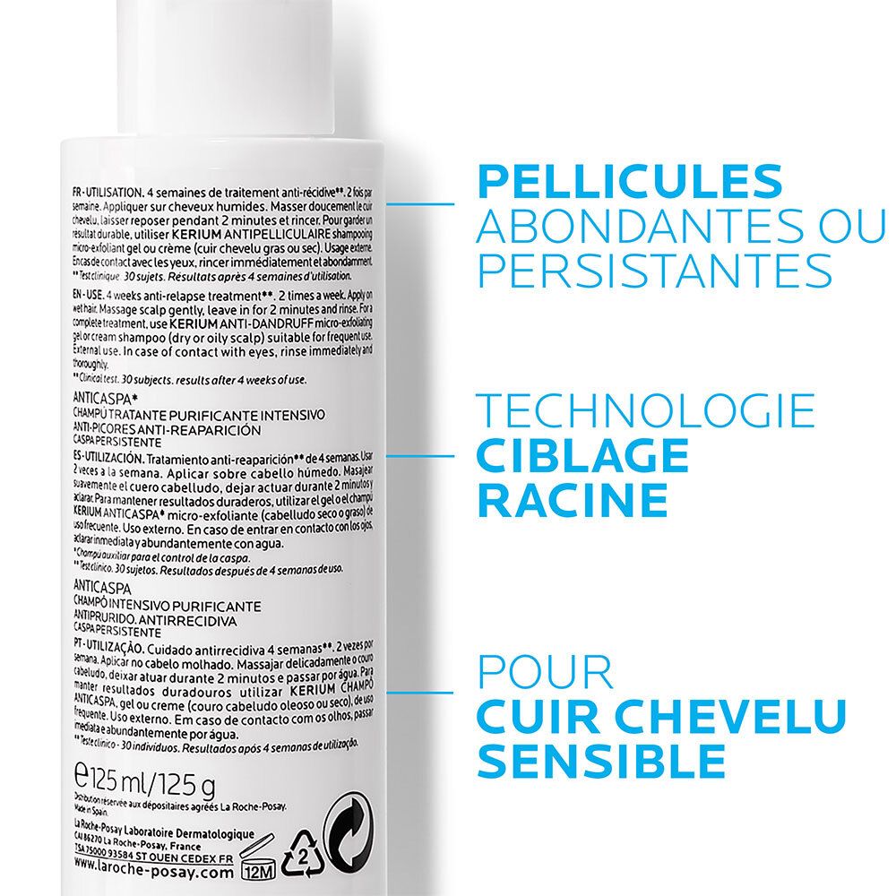 Dos du flacon La Roche-Posay Kerium DS Anti-pelliculaire. Texte et boîte bleue.