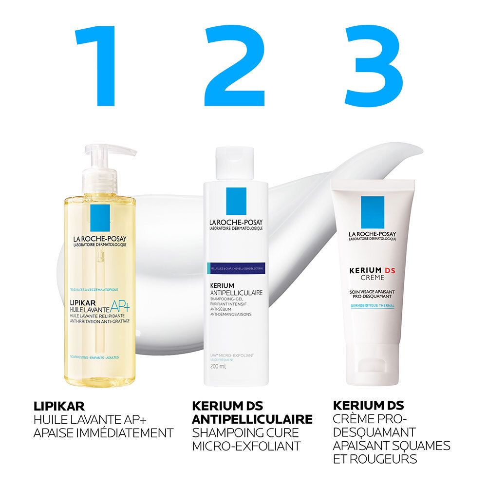 Trois produits : Lipikar, Kerium DS Anti-pelliculaire et Kerium DS Crème. Tous La Roche-Posay.