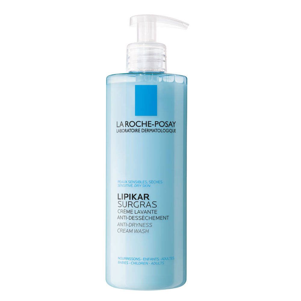 Lichtblauwe fles met pomp. Opschrift: La Roche-Posay, Lipikar Surgras Crème Lavante. Voor gevoelige, droge huid.
