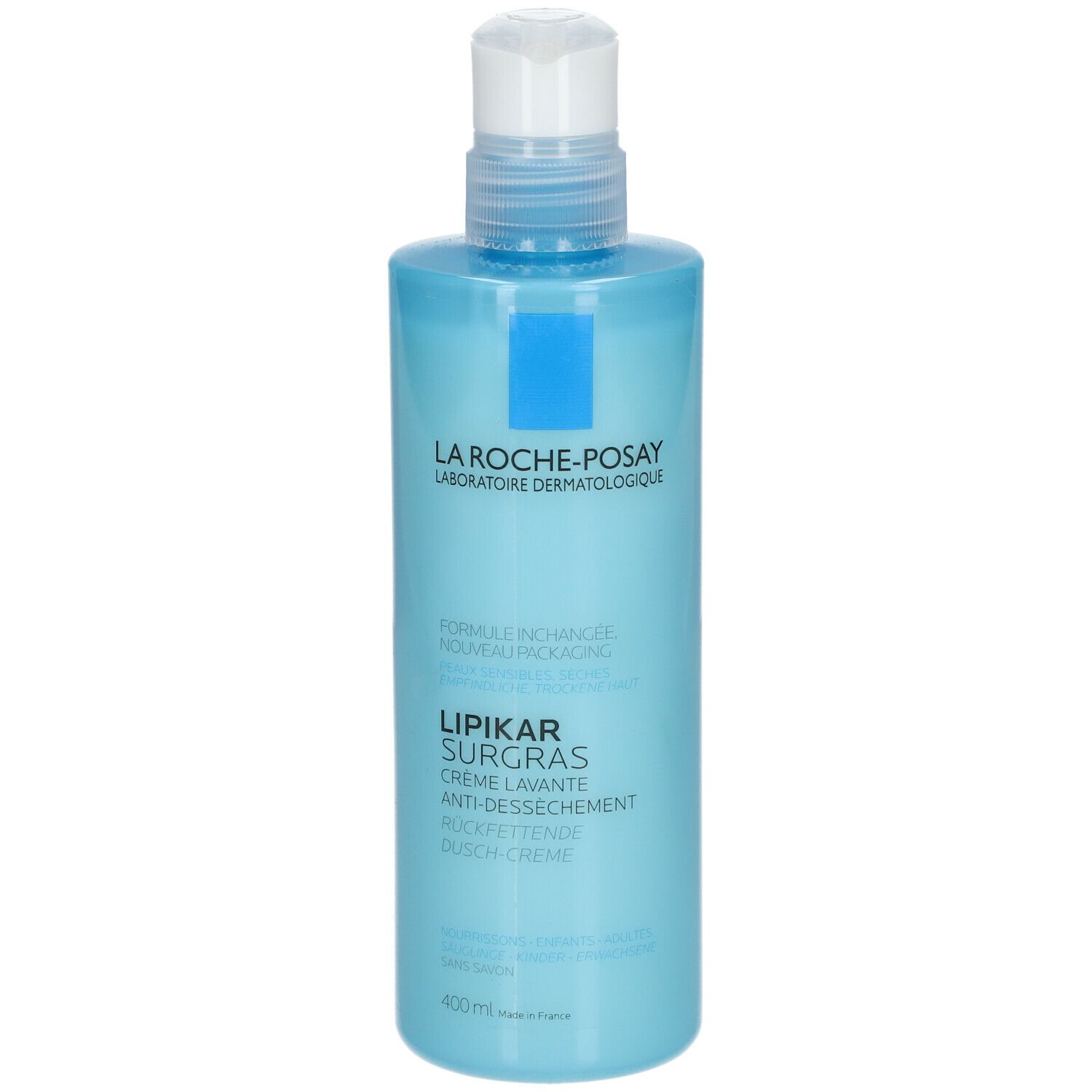 Achterkant van de lichtblauwe fles. Opschrift: La Roche-Posay, Lipikar Surgras Crème Lavante. 400ml.