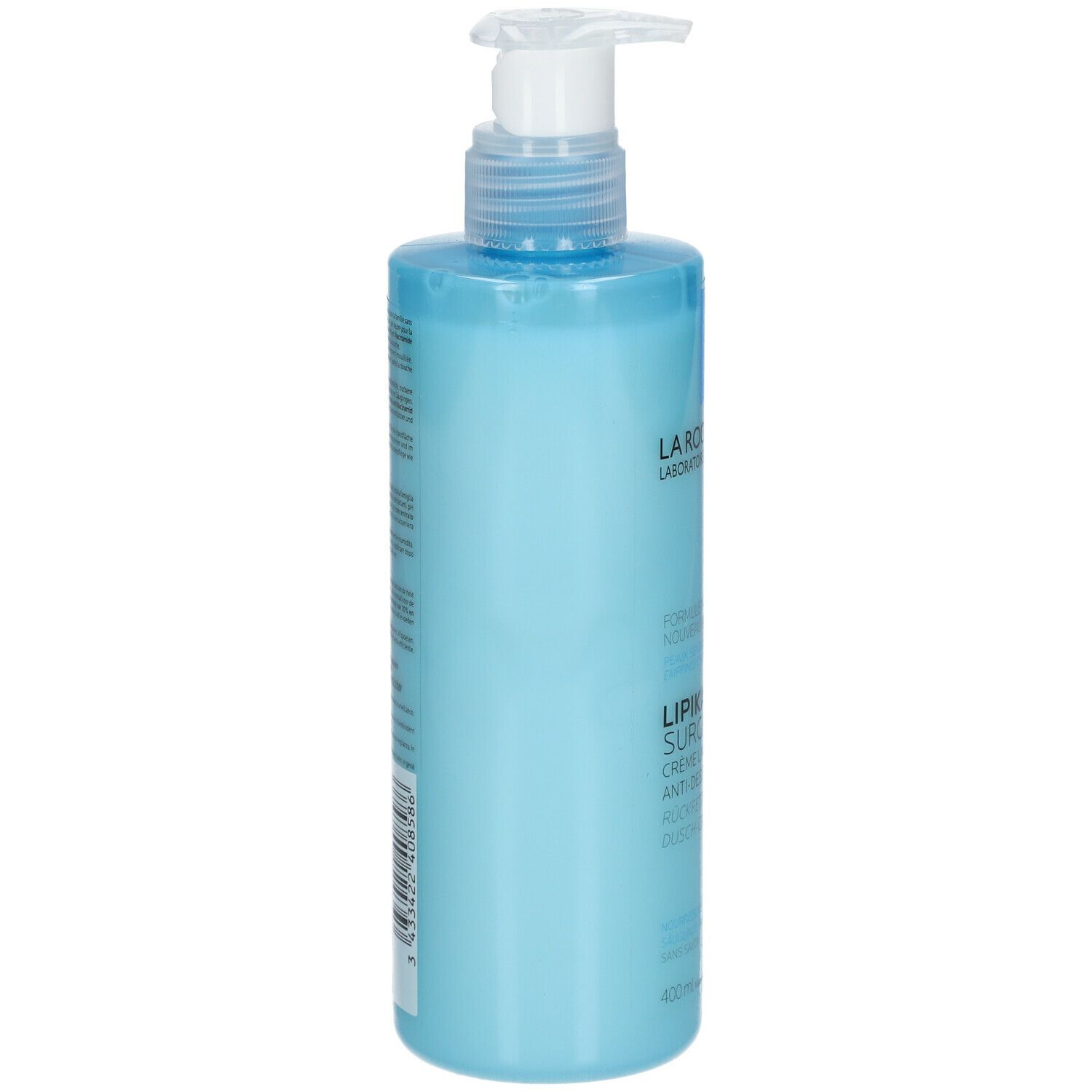 Achterkant van de lichtblauwe fles. Opschrift: La Roche-Posay, Lipikar Surgras Crème Lavante. 400ml.