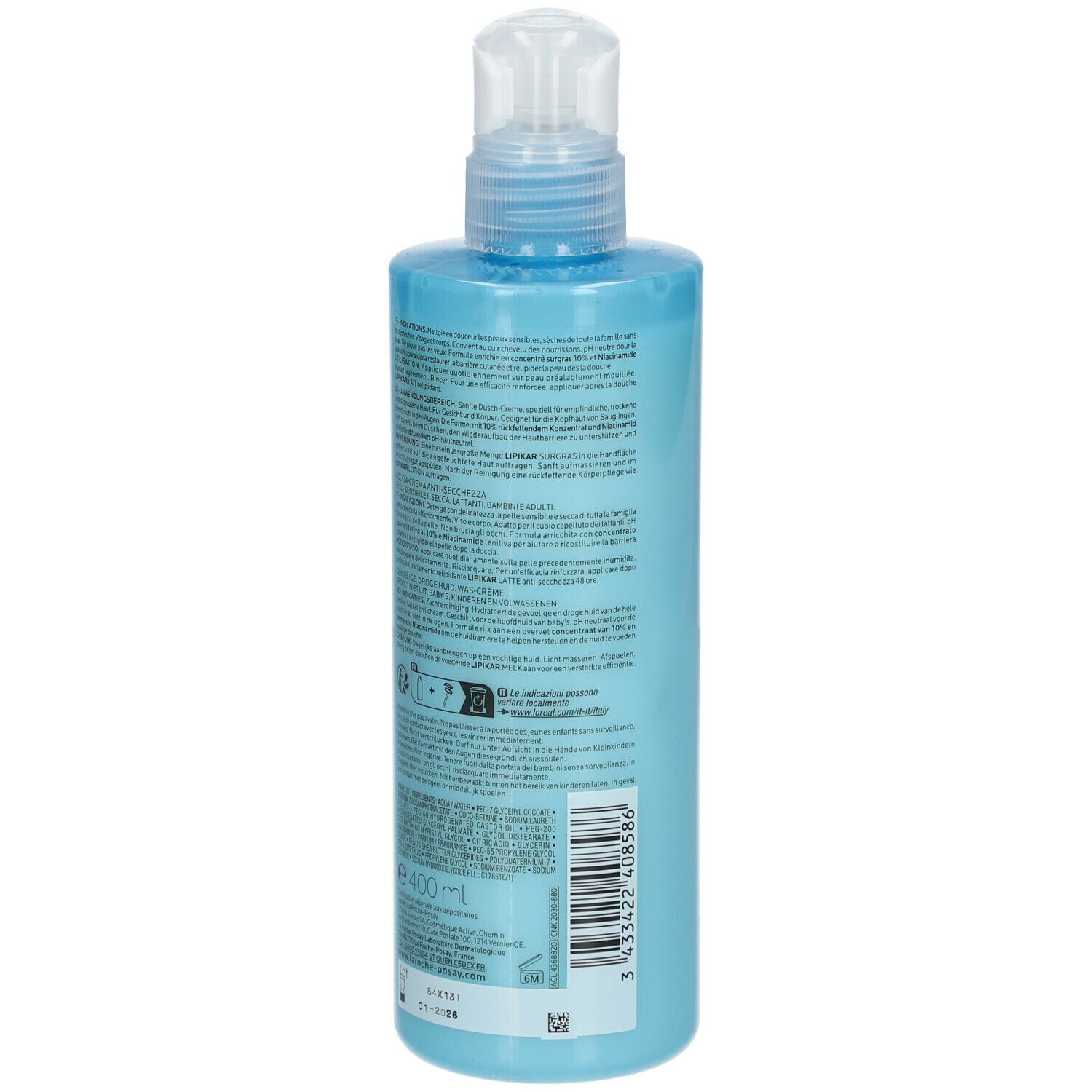 Achterkant van de lichtblauwe fles. Opschrift: La Roche-Posay, Lipikar Surgras Crème Lavante. 400ml.