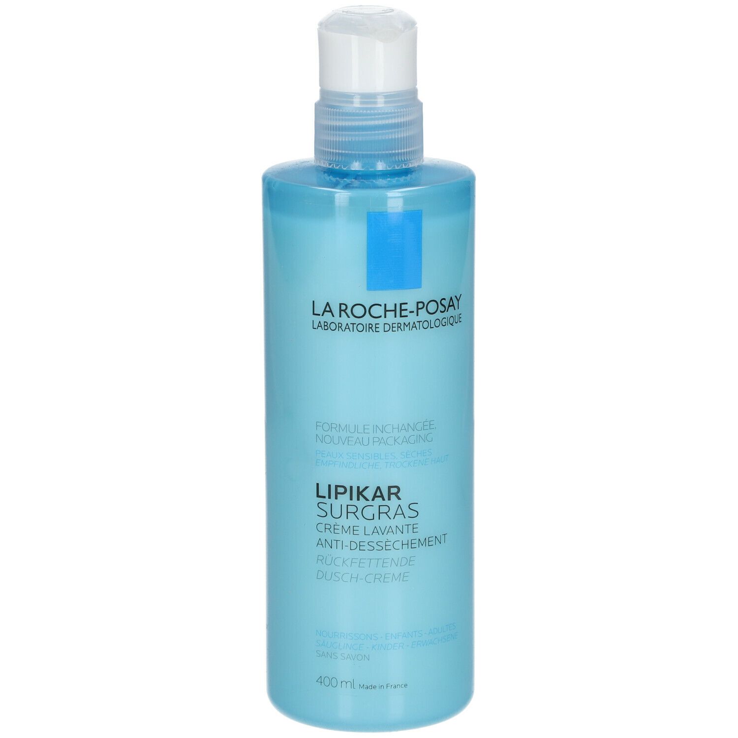 Achterkant van de lichtblauwe fles. Opschrift: La Roche-Posay, Lipikar Surgras Crème Lavante. 400ml.