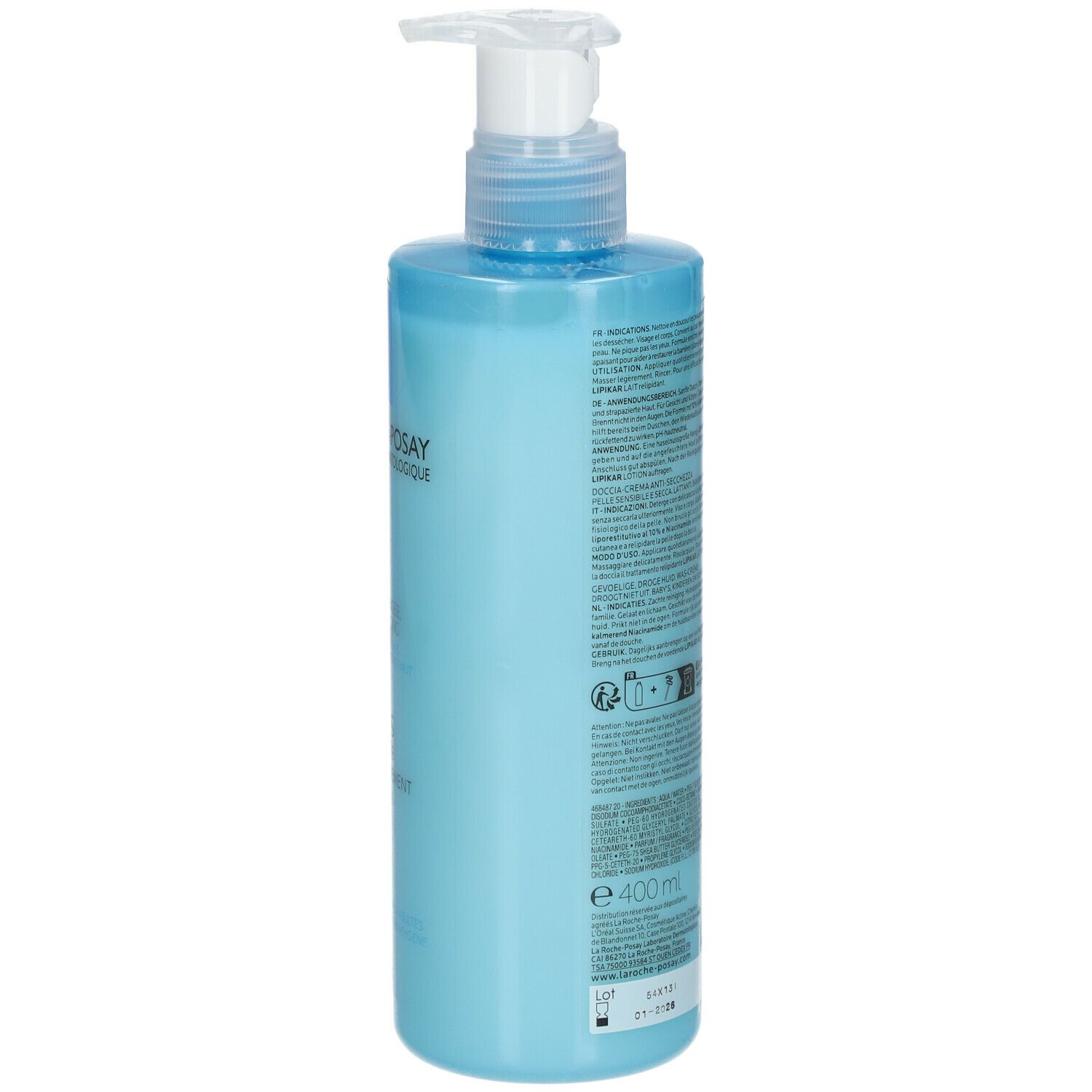 Close-up van de fles. Tekst: Douche-Crème concentrée pour les peaux sèches. Lipikar Surgras Crème Lavante.