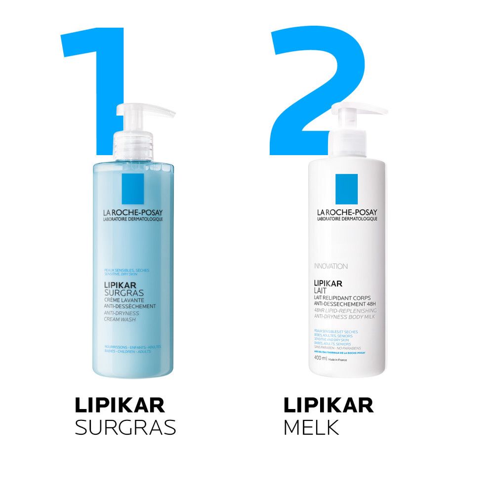 Close-up van de fles. Tekst: Zachte douche-crème voor een droge huid. Lipikar Surgras Crème Lavante.