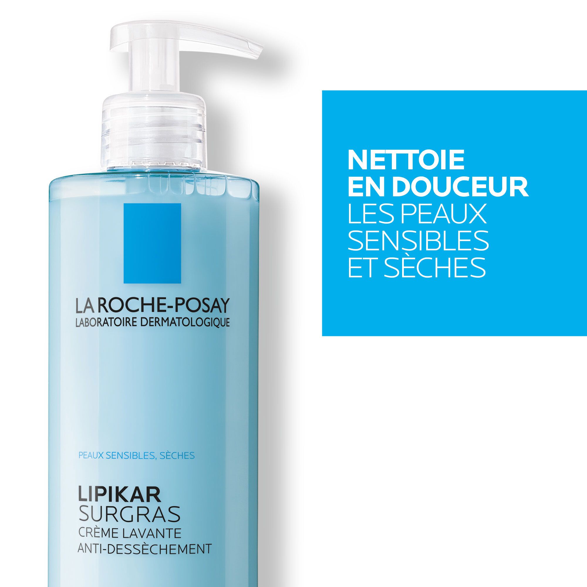 Close-up van de fles. Opschrift: La Roche-Posay, Lipikar Surgras Crème Lavante. Tekst: Nettoie en douceur les peaux sensibles et sèches.