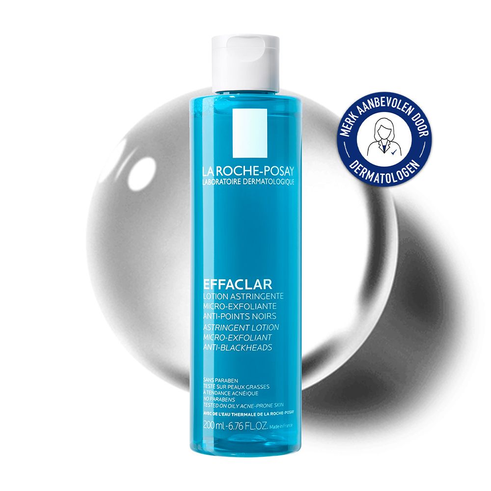 Blauwe fles met witte dop. Opschrift: La Roche-Posay, Effaclar, Lotion astringente. 200 ml. Logo.