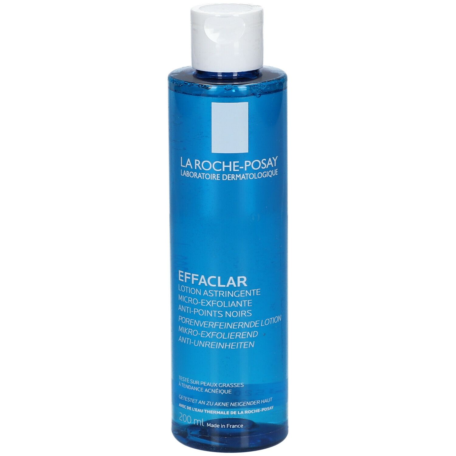 Blauwe fles met witte dop. Opschrift: La Roche-Posay, Effaclar, Lotion astringente. 200 ml.
