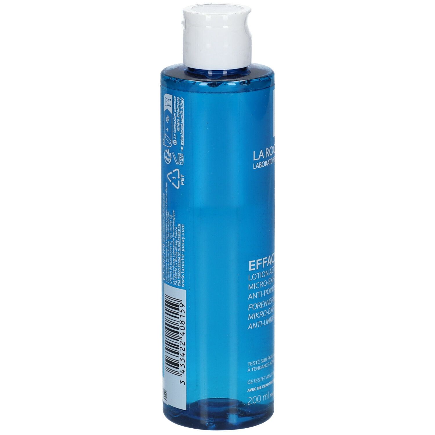 Achterkant blauwe fles. Opschrift: La Roche-Posay, Effaclar, Lotion astringente. 200 ml. Barcode.