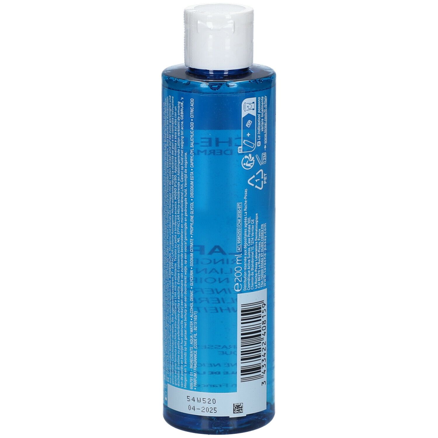 Achterkant blauwe fles. Opschrift: La Roche-Posay, Effaclar, Lotion astringente. 200 ml. Houdbaarheidsdatum.