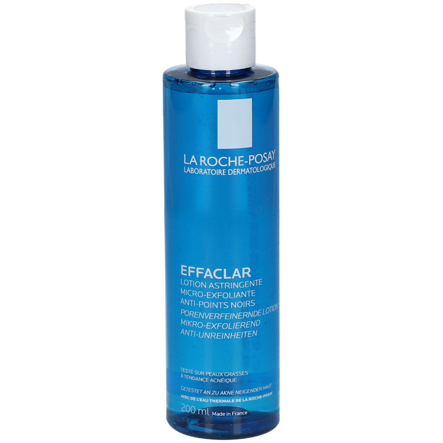 Blauwe fles met witte dop. Opschrift: La Roche-Posay, Effaclar, Lotion astringente. 200 ml.