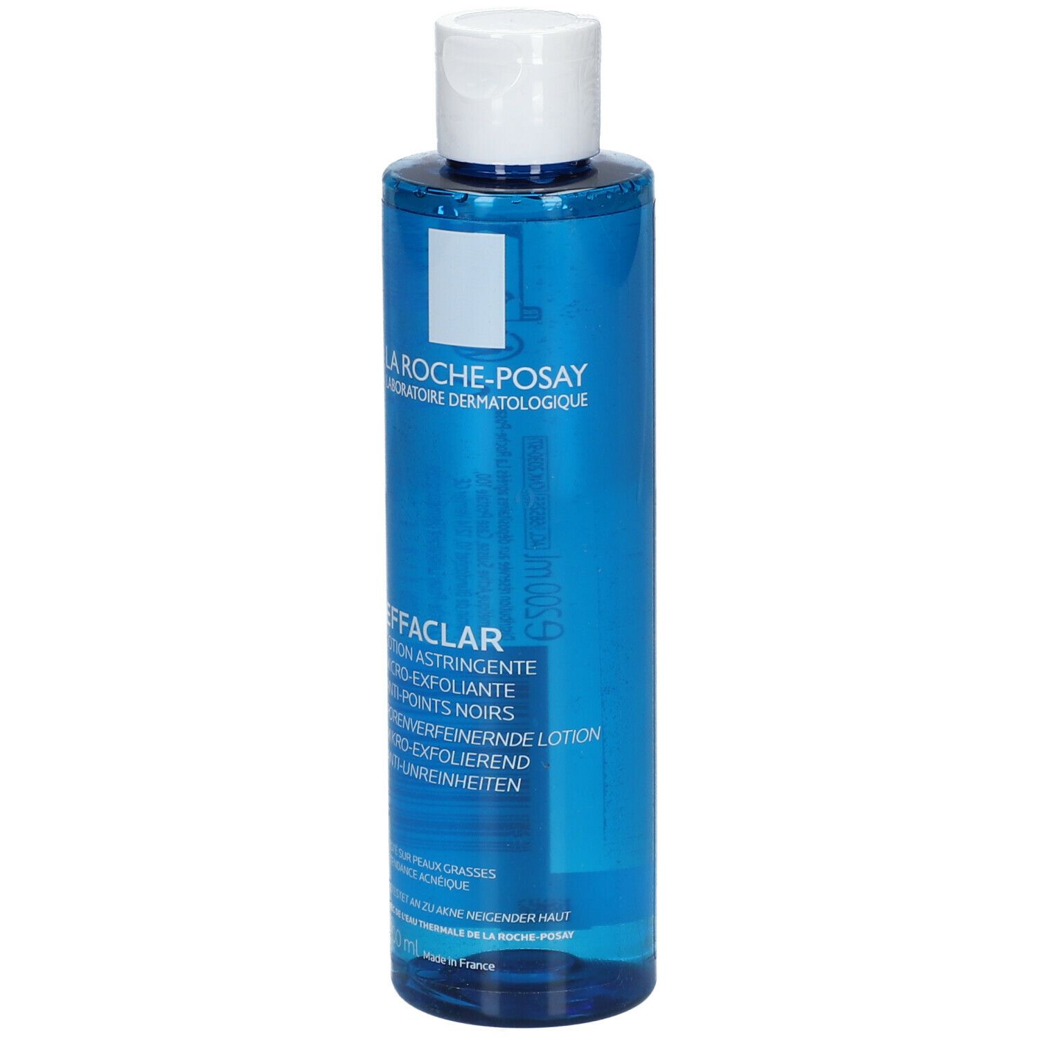 Blauwe fles met witte dop. Opschrift: La Roche-Posay, Effaclar, Lotion astringente. 200 ml.
