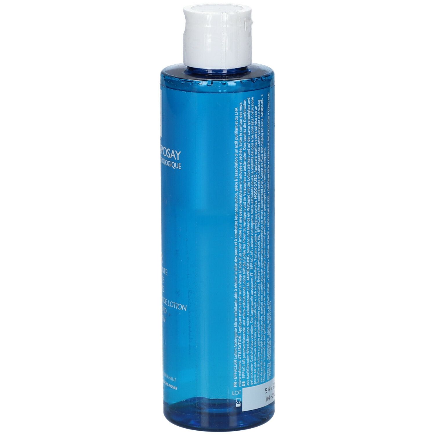 Achterkant blauwe fles. Opschrift: La Roche-Posay, Effaclar, Lotion astringente. 200 ml.