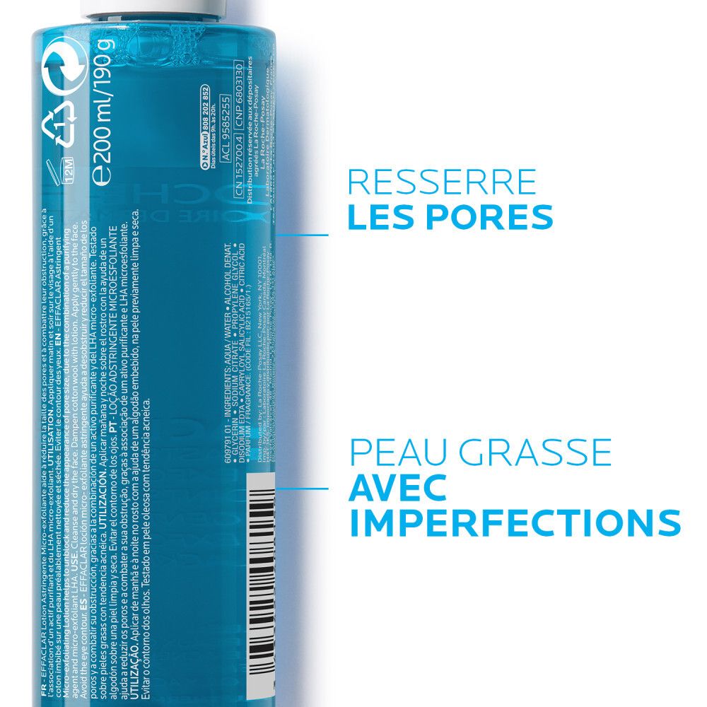 Gros plan du flacon bleu. Inscriptions: La Roche-Posay, Effaclar, Lotion astringente. 200 ml. Texte.