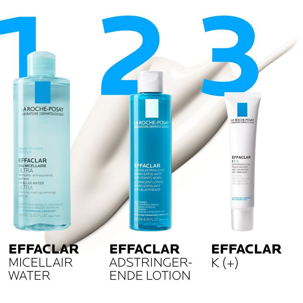 Detail van blauwe fles. Opschrift: La Roche-Posay, Effaclar, Lotion astringente. 200 ml. Tekst.