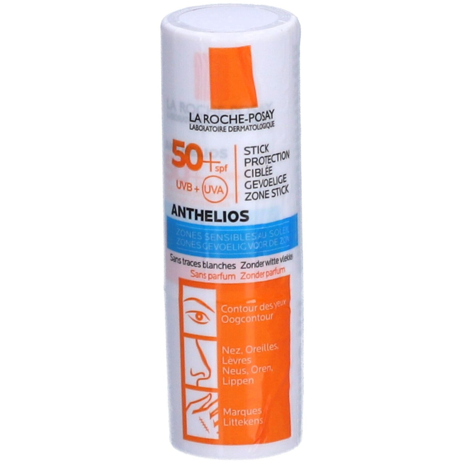 La Roche-Posay Anthelios XL LSF 50+ Stick. Weißer Stick mit blauer und orangefarbener Beschriftung. Für Augen, Lippen, Narben.