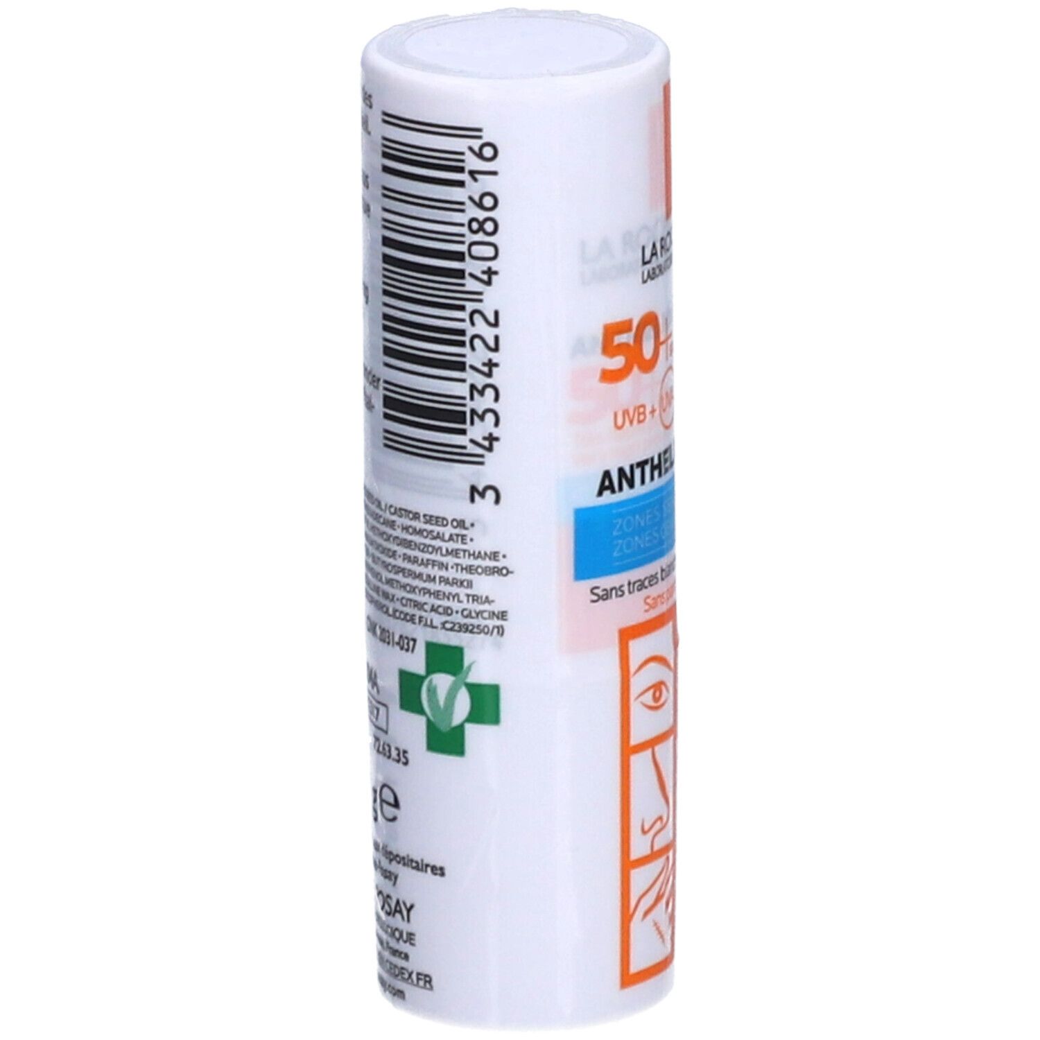 La Roche-Posay Anthelios XL LSF 50+ Stick. Weißer Stick mit grünem Logo. Mit Inhaltsstoffen und Text.