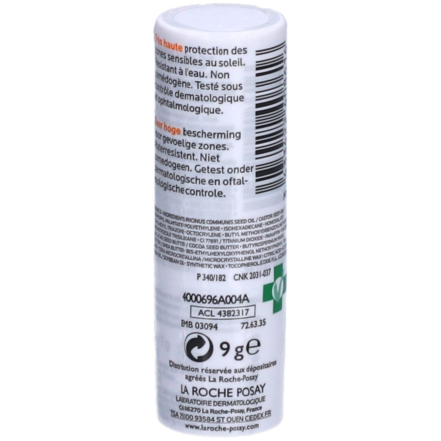 La Roche-Posay Anthelios XL LSF 50+ Stick. Rückseite mit Inhaltsstoffen, Logo und Text. 9g.