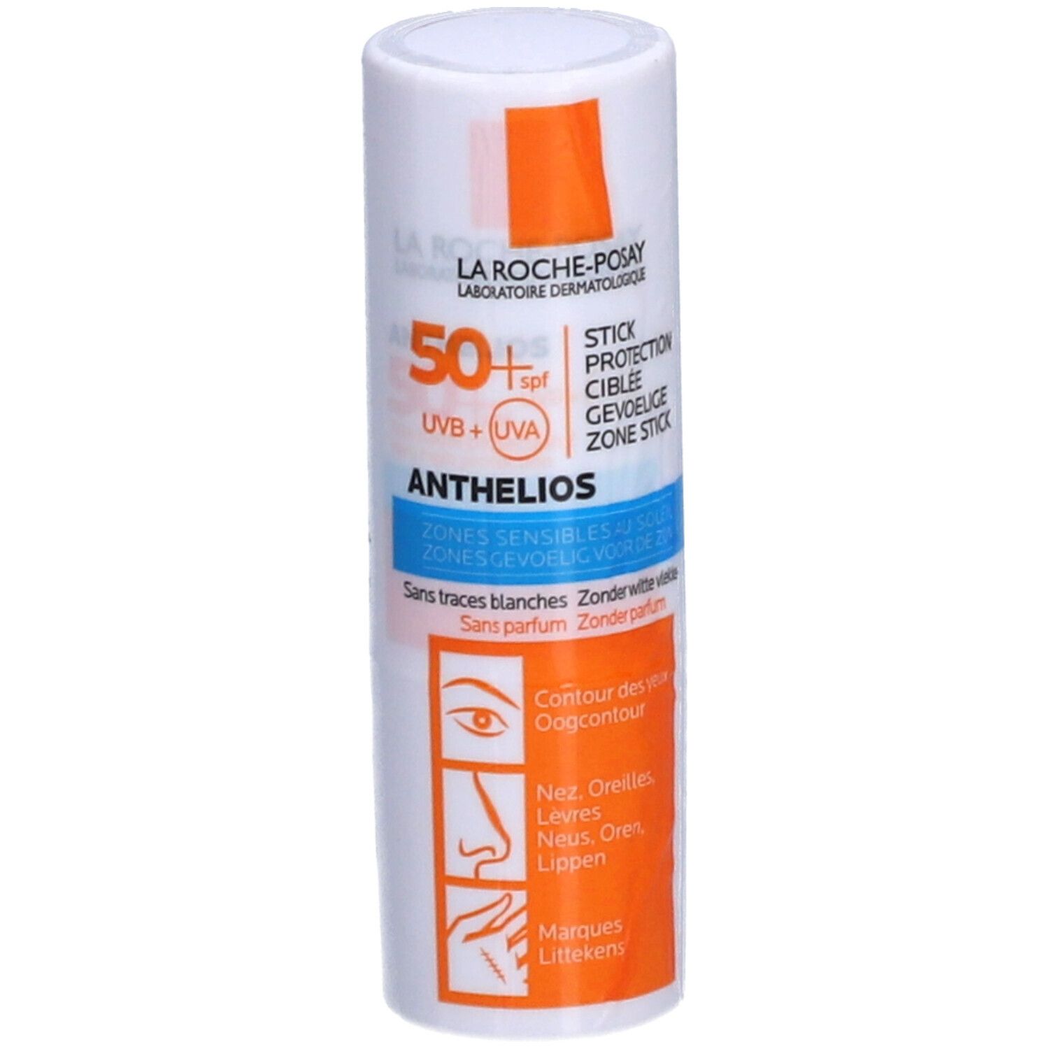 La Roche-Posay Anthelios XL LSF 50+ Stick. Weißer Stick mit blauer und orangefarbener Beschriftung. Für Augen, Lippen, Narben.