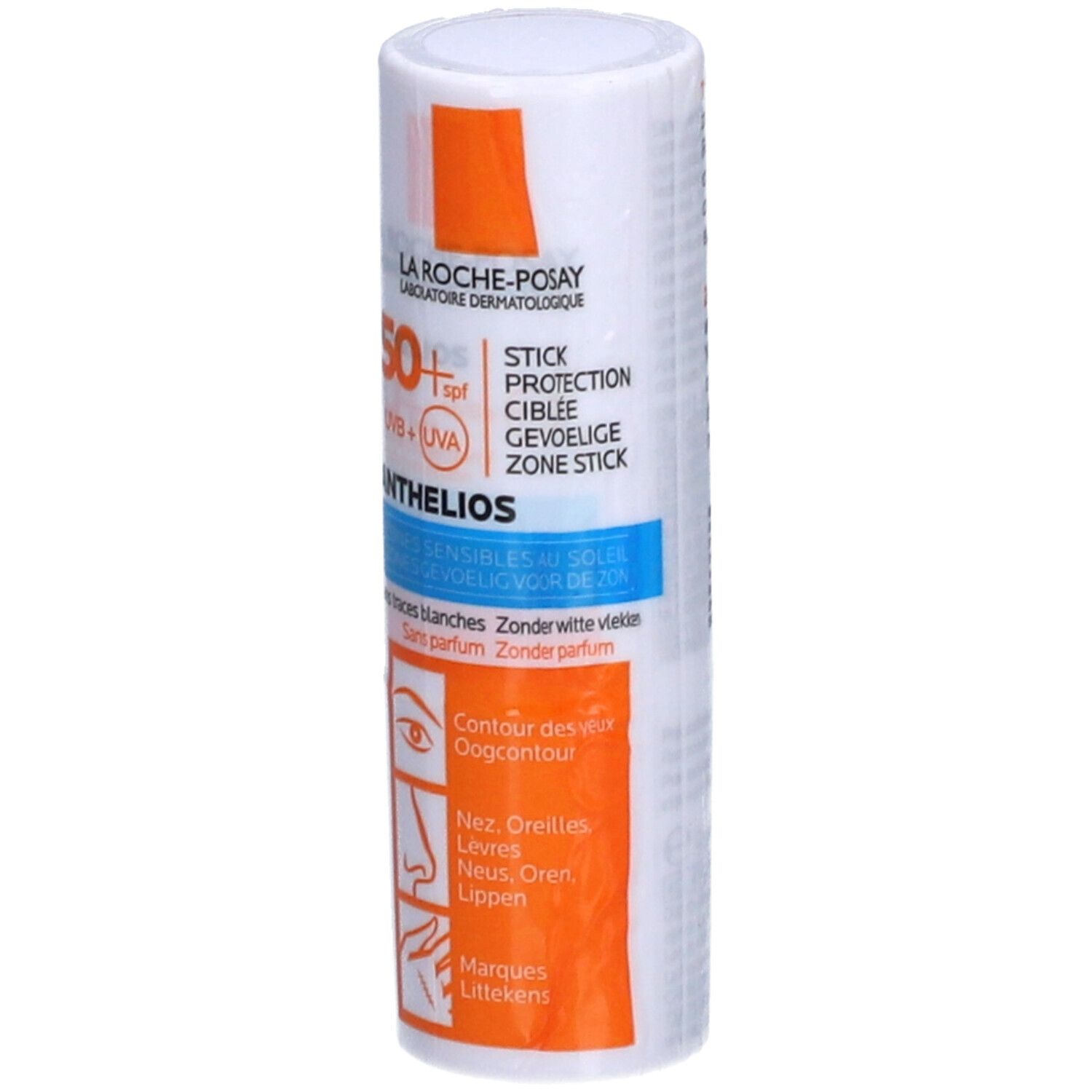 La Roche-Posay Anthelios XL LSF 50+ Stick. Weißer Stick mit blauer und orangefarbener Beschriftung. Für Augen, Lippen, Narben.