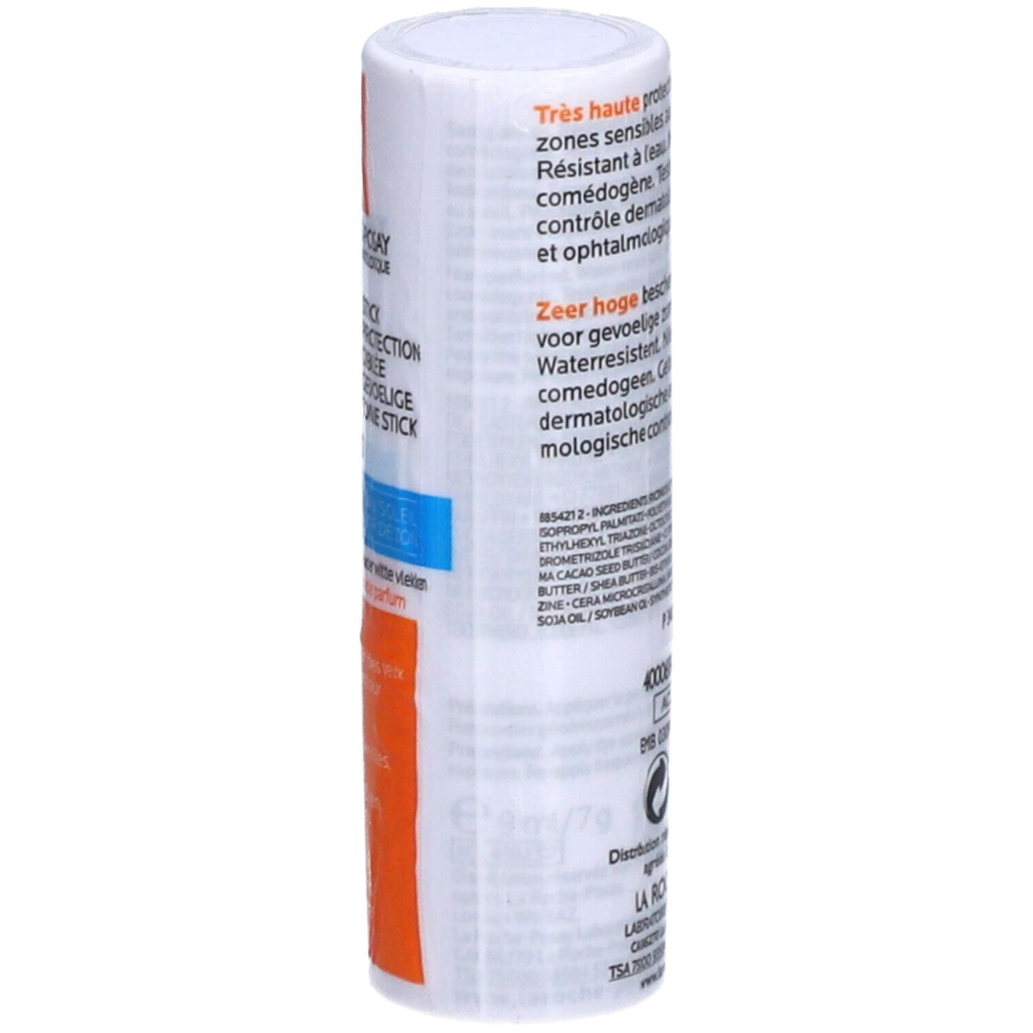 La Roche-Posay Anthelios XL LSF 50+ Stick. Weißer Stick mit blauer und orangefarbener Beschriftung. 9g/7g.