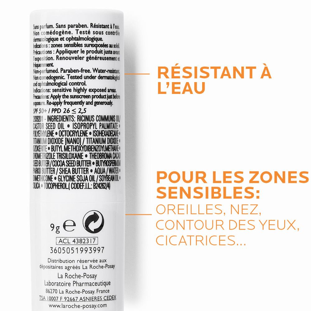 Stick La Roche-Posay Anthelios XL LSF 50+. Dos avec texte et ingrédients. Résistant à l'eau. 9g.