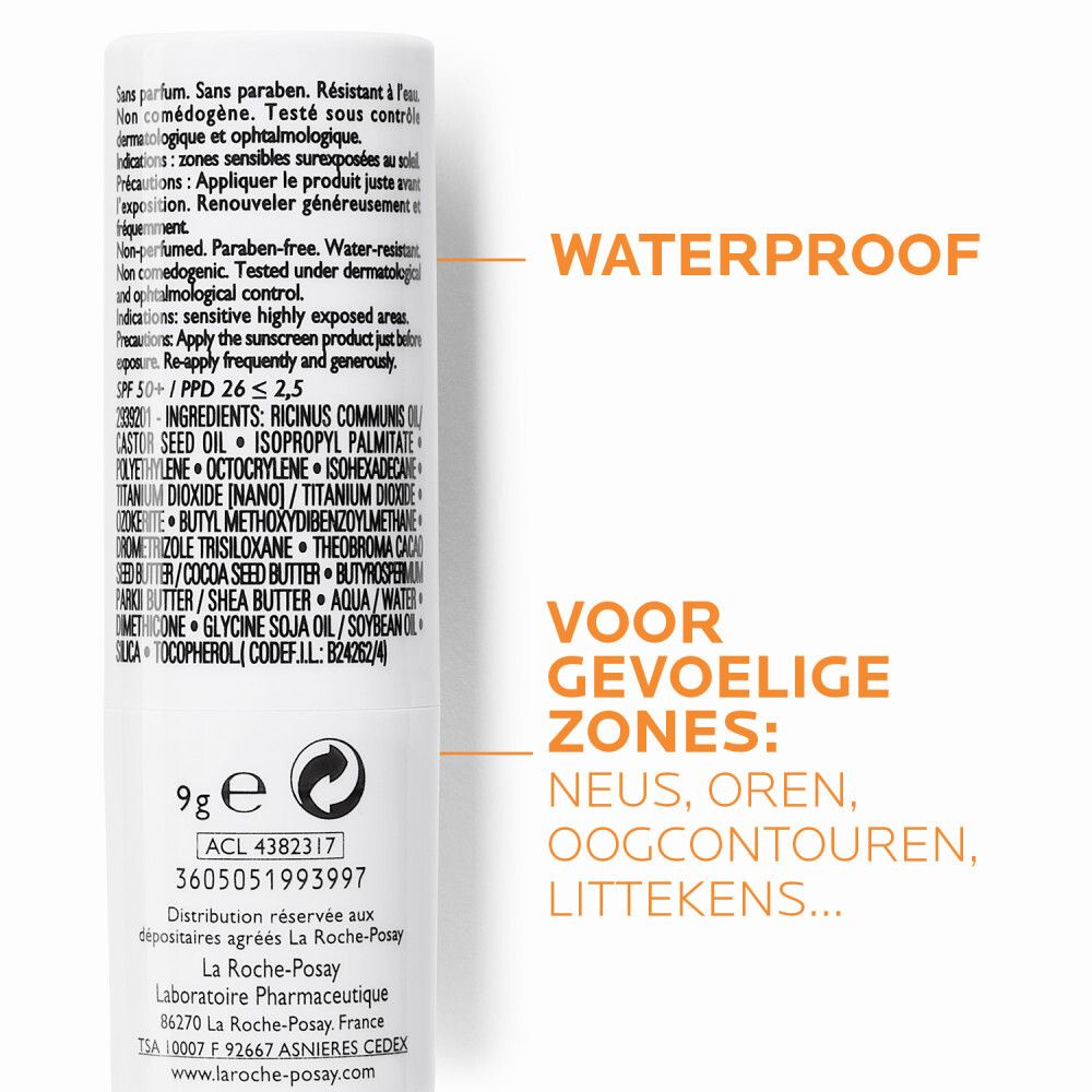 La Roche-Posay Anthelios XL LSF 50+ Stick. Achterkant met tekst en ingrediënten. Waterbestendig. 9g.