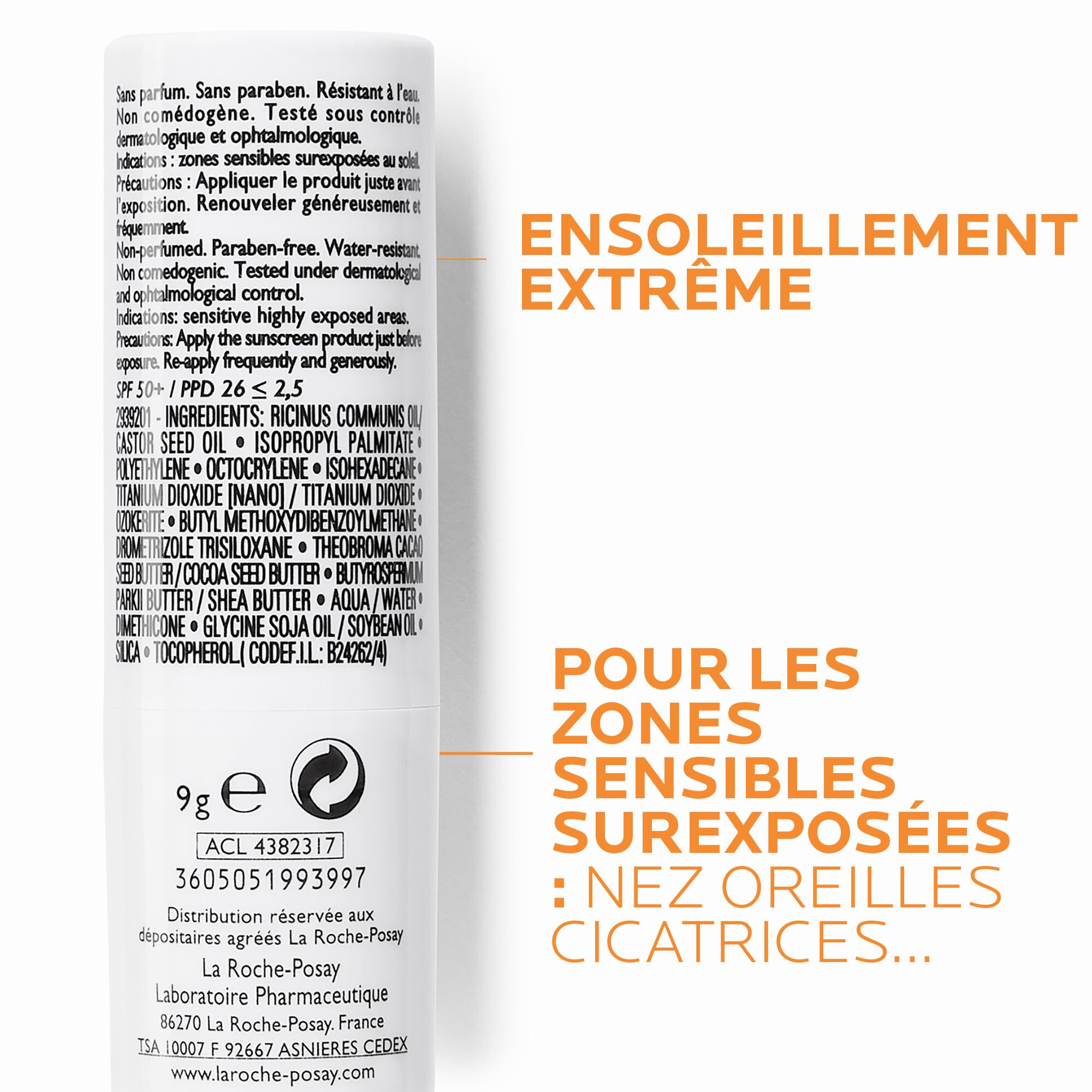 La Roche-Posay Anthelios XL LSF 50+ Stick. Inhaltsstoffe und Text. Für sonnenexponierte Zonen. 9g.