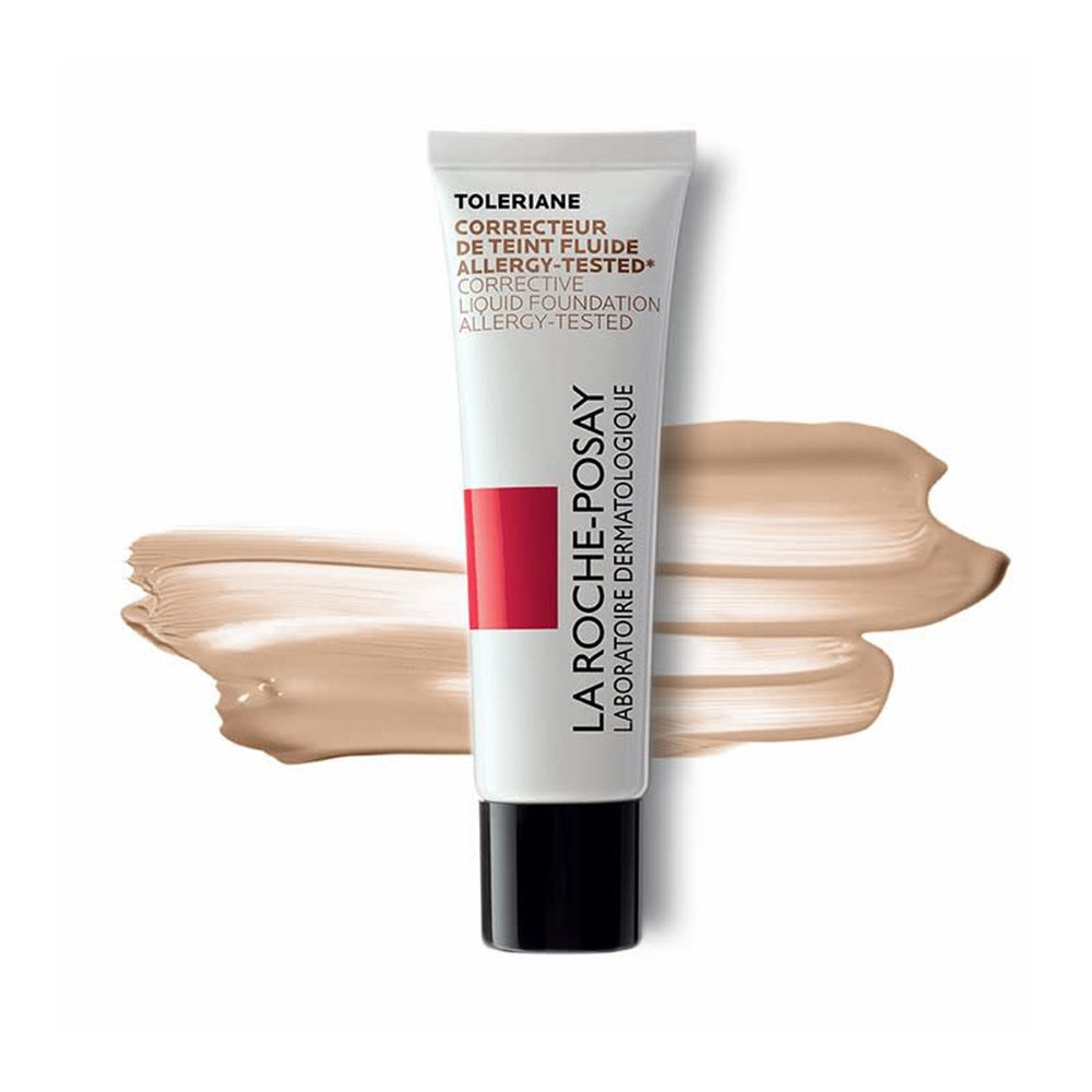 Witte tube foundation. Rode streep en La Roche-Posay logo. Tint Doré Nr. 15. Productvoorbeeld.