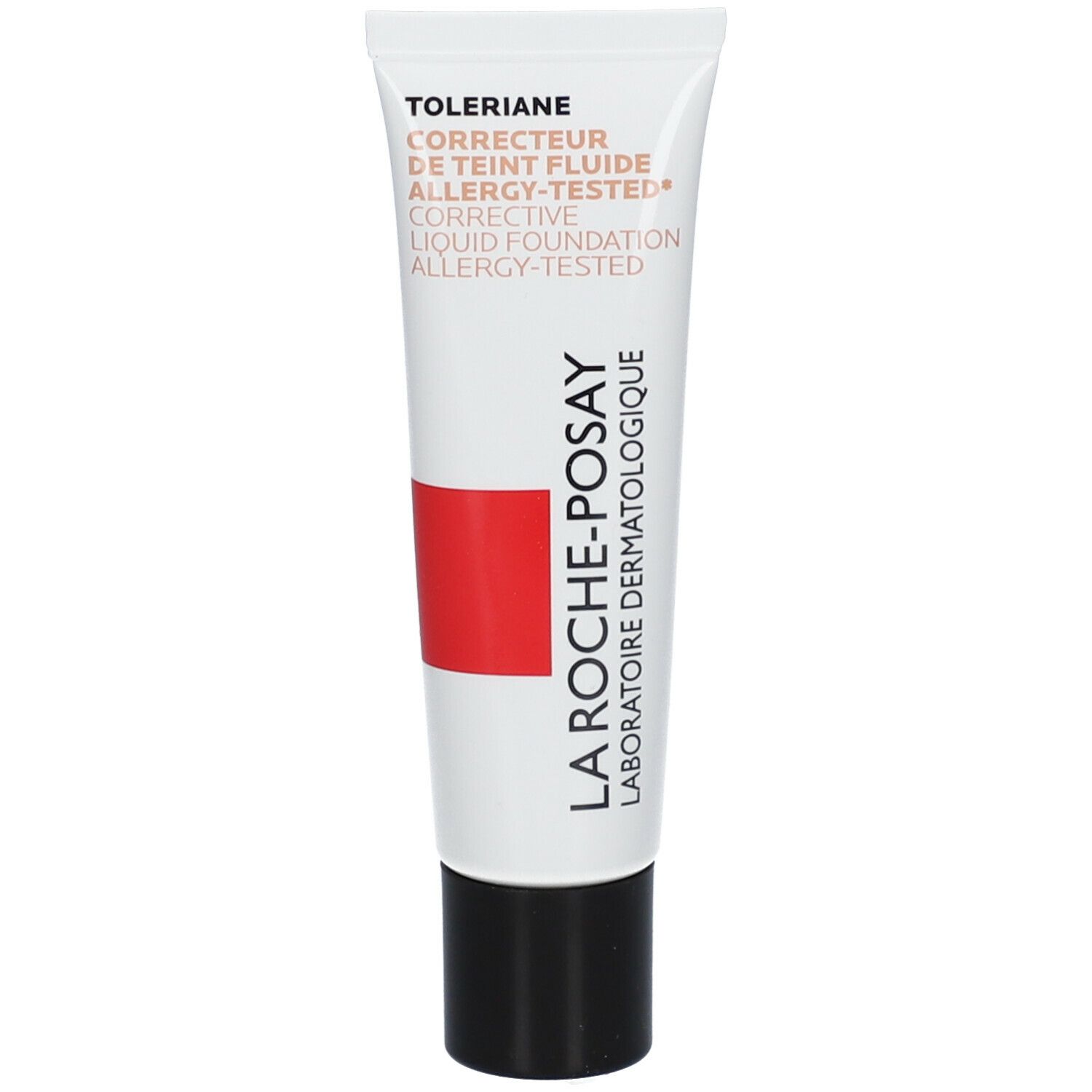 Witte tube met zwarte dop. Rode streep en La Roche-Posay logo. Productnaam en tekst.
