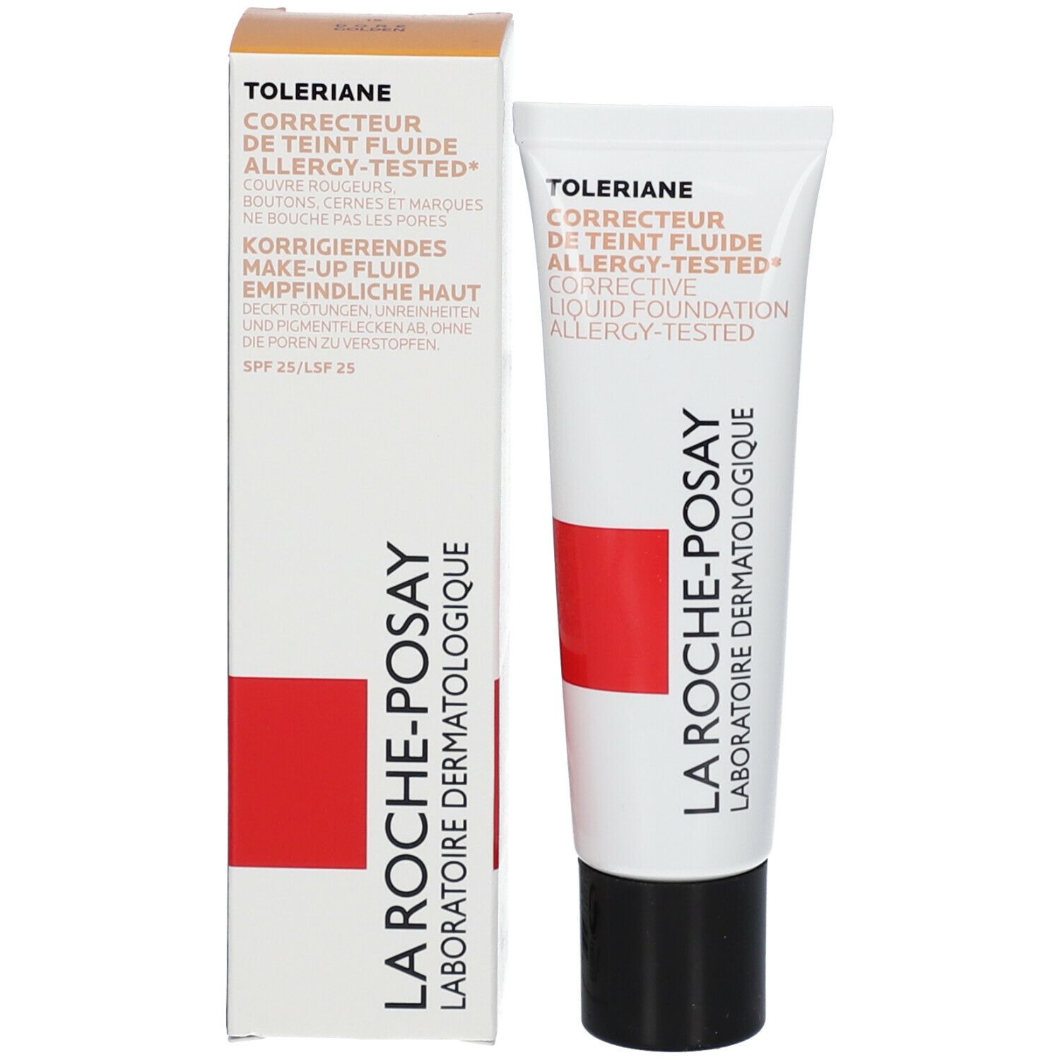 Productverpakking met tube. Tube en doos met productnaam en La Roche-Posay logo. Tint Doré Nr. 15.