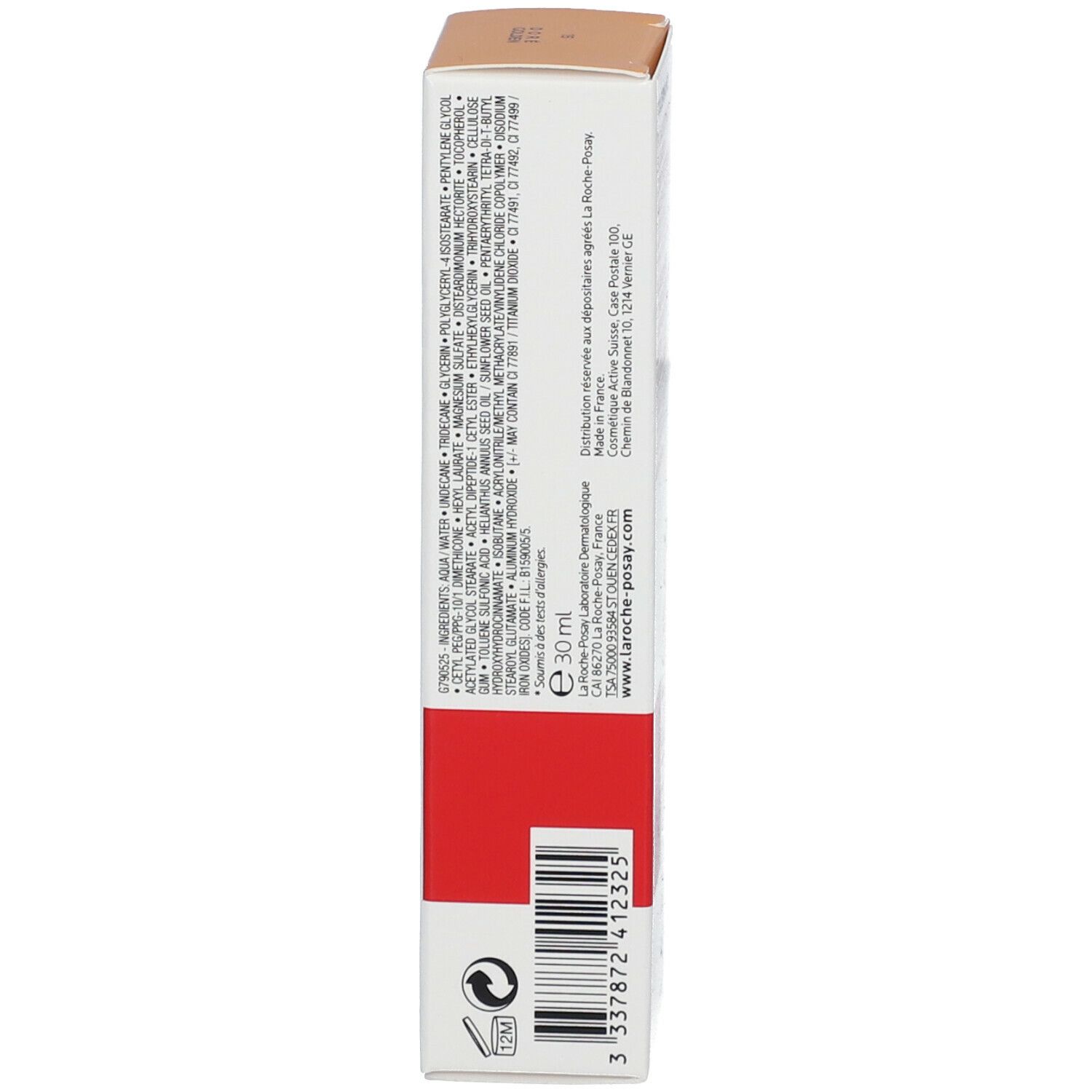 Achterkant van de productverpakking. Ingrediënten, fabrikantinformatie, logo en barcode. Volume 30 ml.