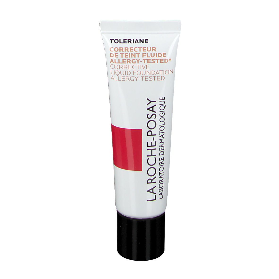 Tube blanc, bouchon noir. Bande rouge et texte. Teinte 16. Toleriane, Correcteur de Teint Fluide, Testé contre les allergies.