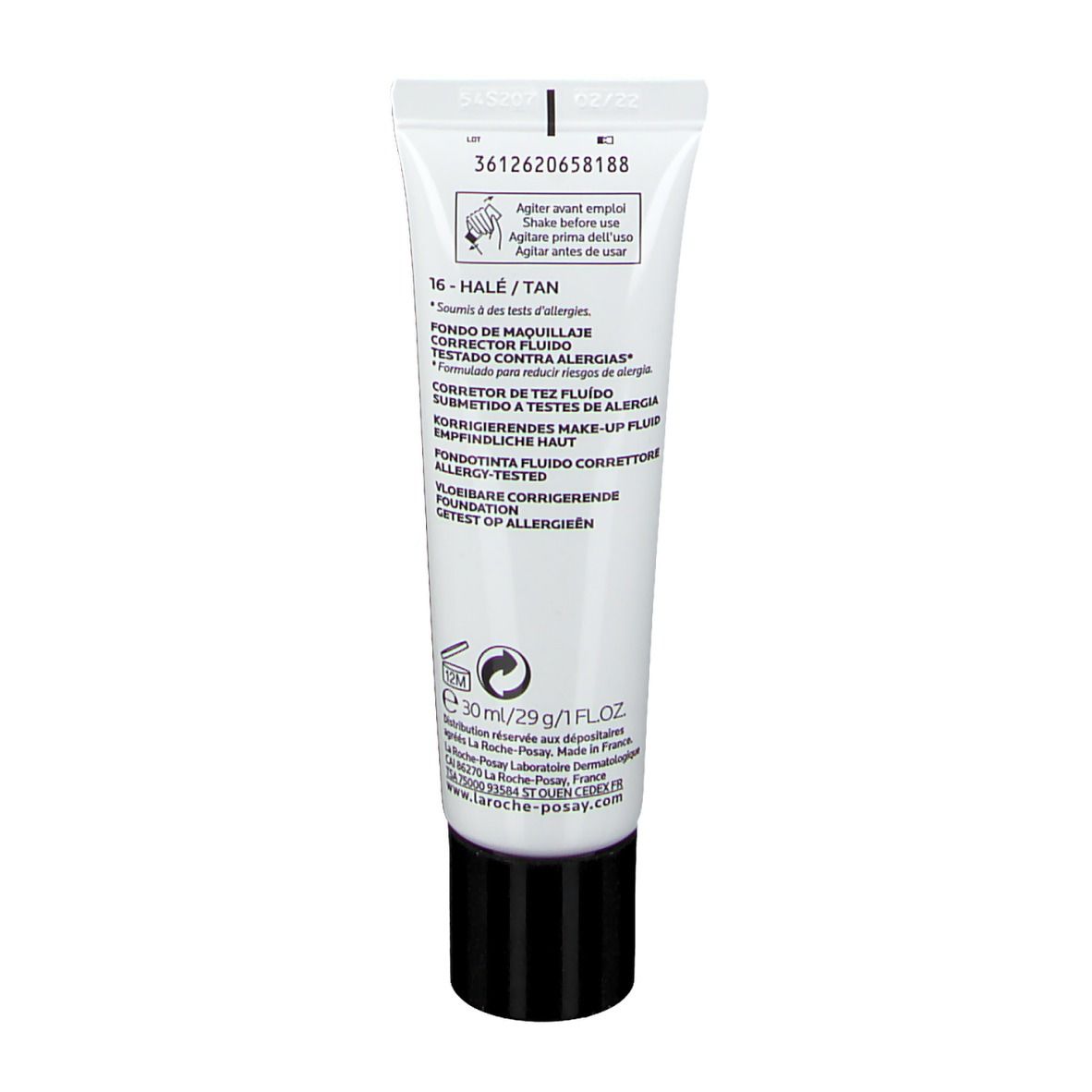 Dos du tube. Texte multilingue. 16-Hale/Tan. 30ml/29g/1FL.OZ. Testé contre les allergies. La Roche-Posay.