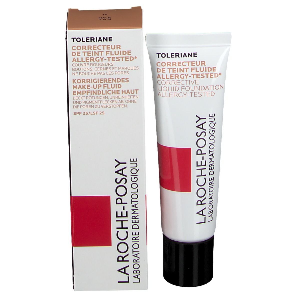 Emballage du produit. Tube et boîte. Teinte 16. Toleriane, Correcteur de Teint Fluide, Testé contre les allergies. SPF 25/LSF 25.